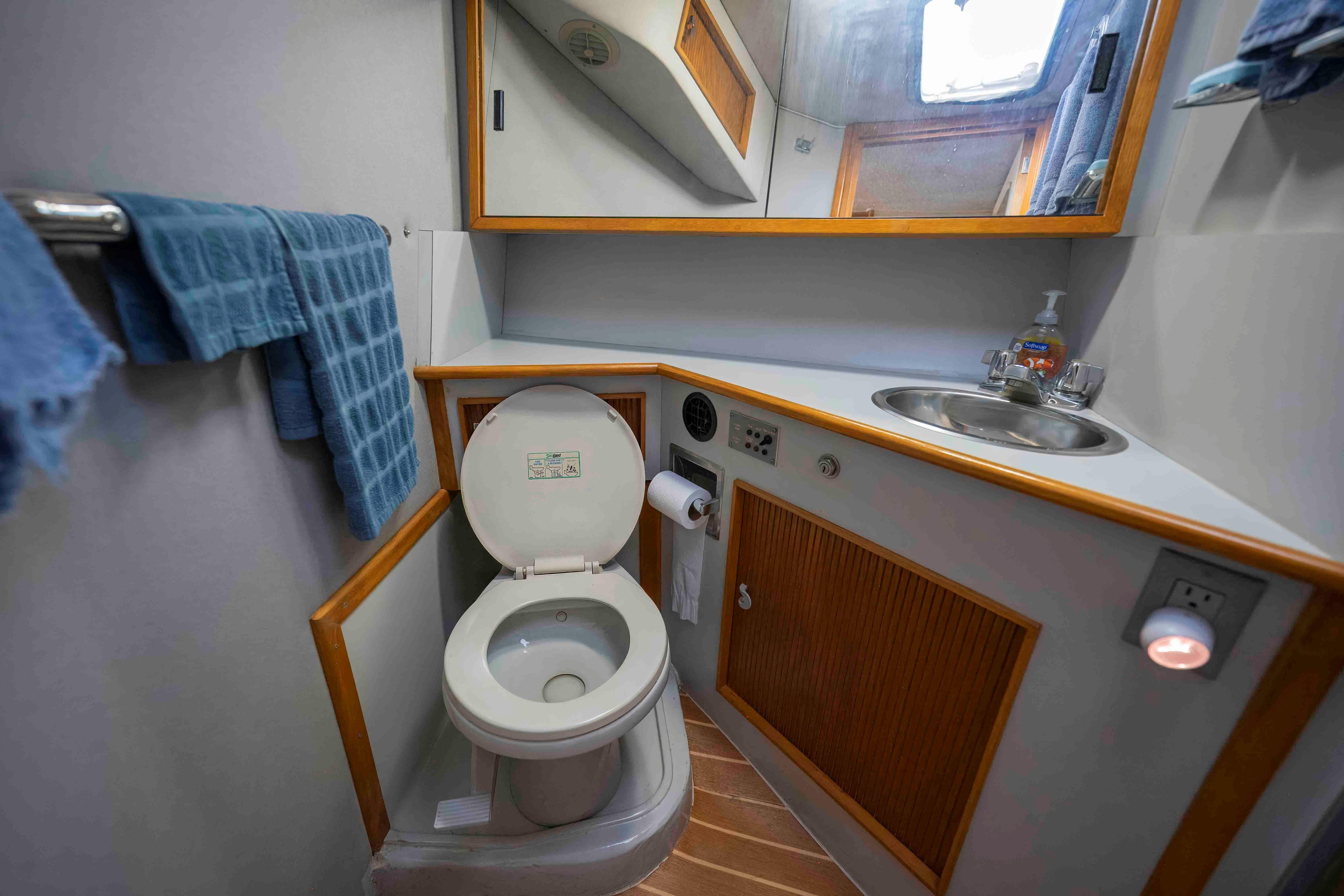 Bathroom interior of 1991 Sea Ray 390 Express Cruiser with toilet, sink, and mirror.