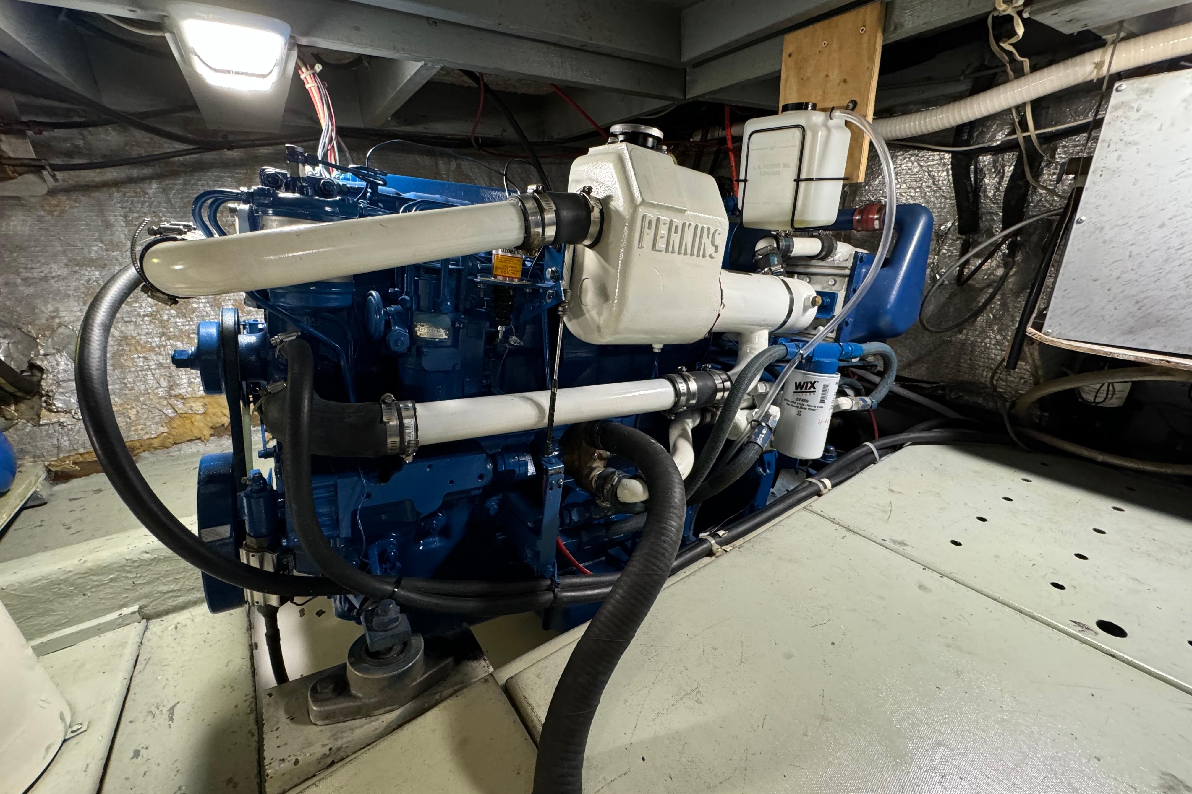 Engine room of 1978 Californian 42 LRC with Perkins engine, detailed view.