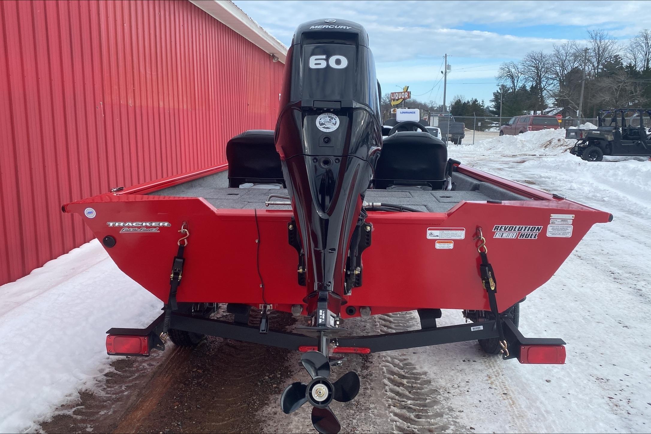 2026 Tracker Pro Team 175 Crappie Edition boat with 60 HP Mercury engine, red exterior.
