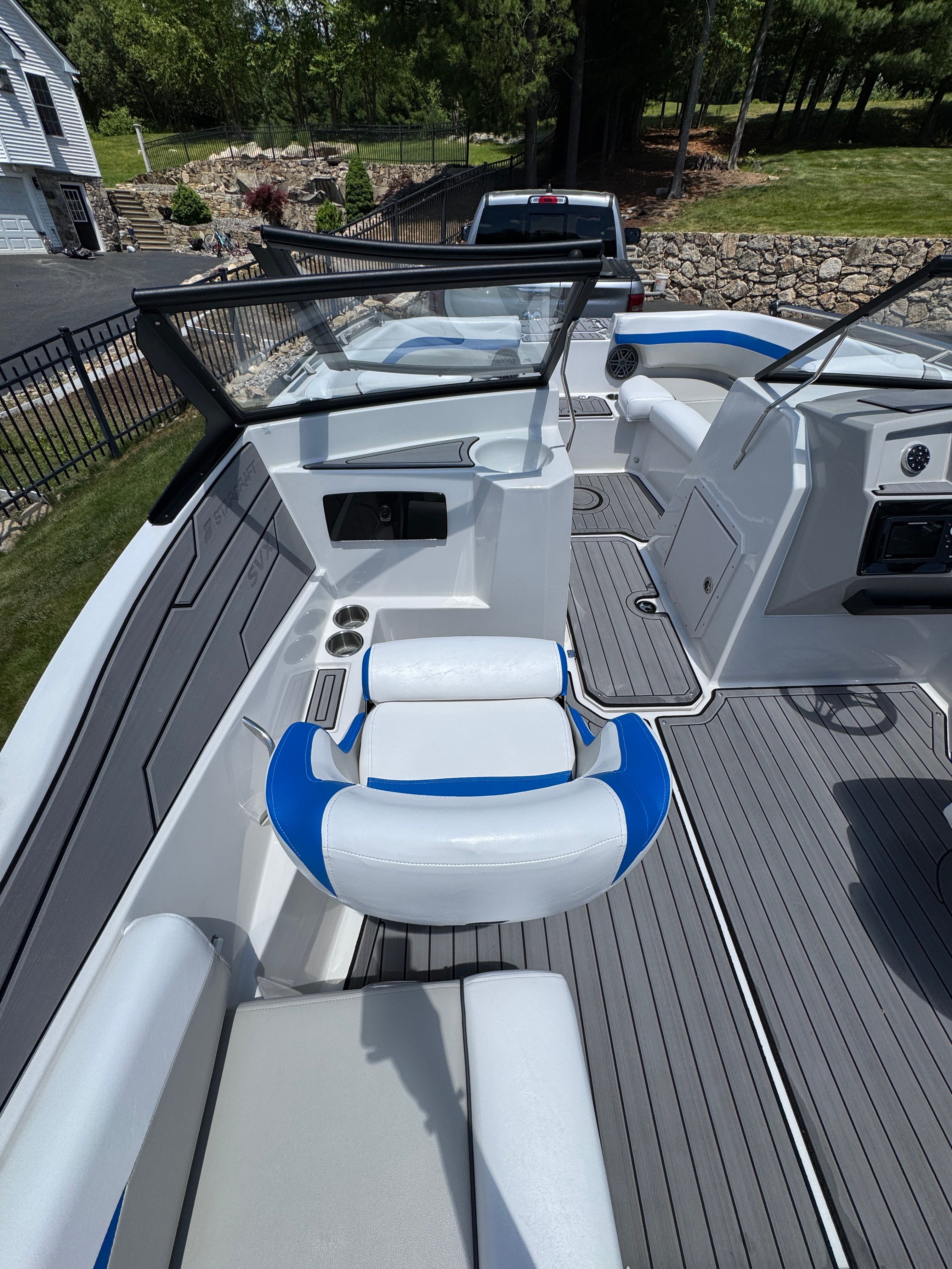 Interior of a 2023 Starcraft SVX 190 OB boat with blue accents.