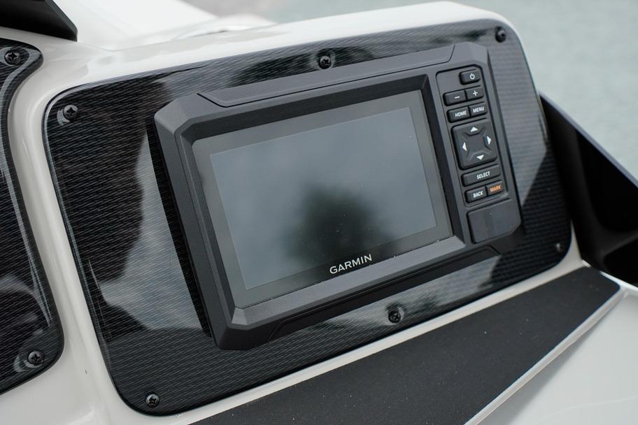 Garmin display on 2026 SunCatcher Select 322SL boat dashboard.