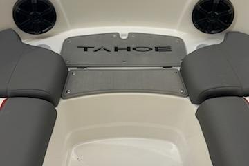 2025 Tahoe T21 boat interior with gray seating and speakers.