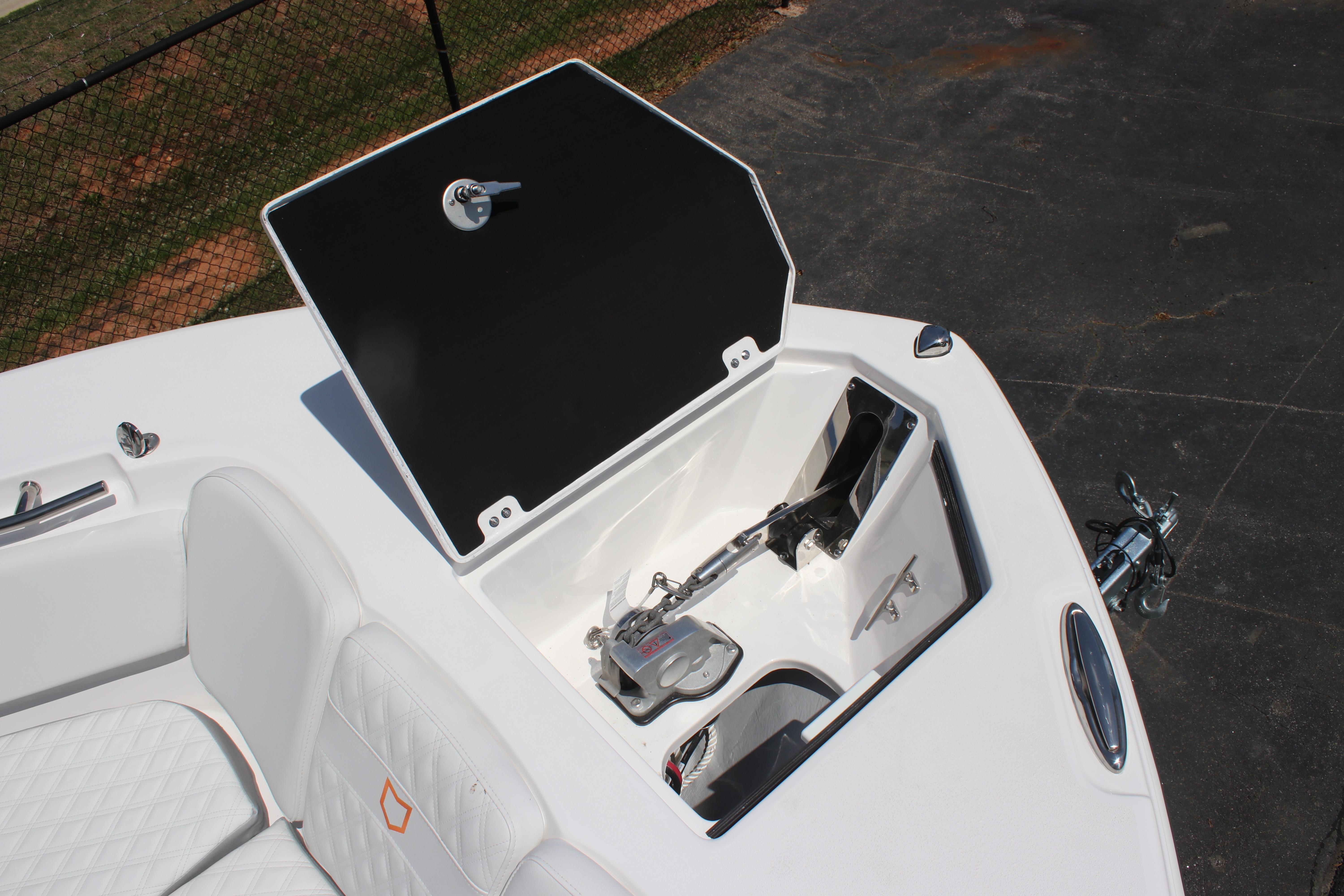 2025 Sea Fox 328 Commander boat anchor compartment with open hatch.