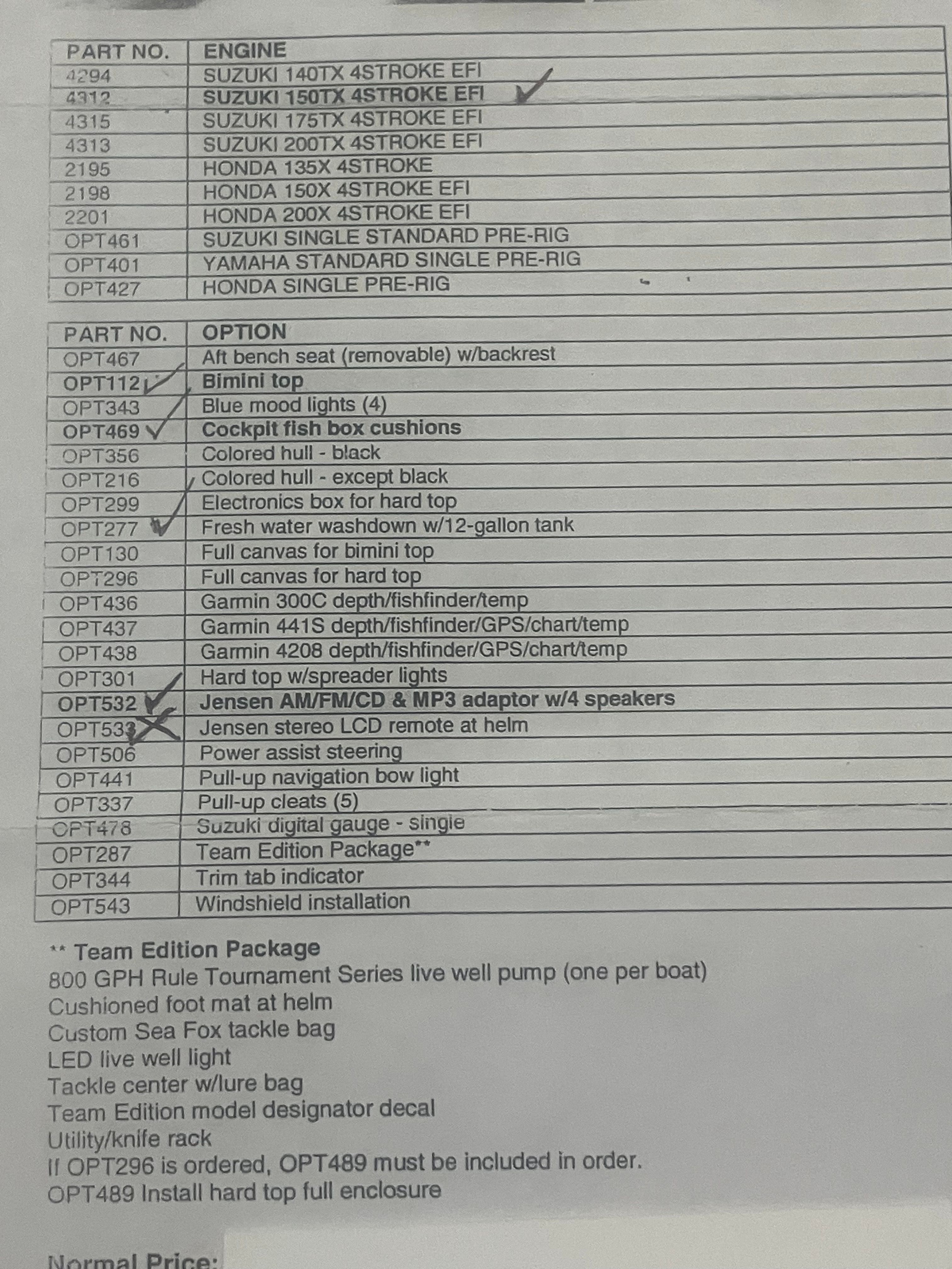 Boat options and engine list with accessories and pricing.