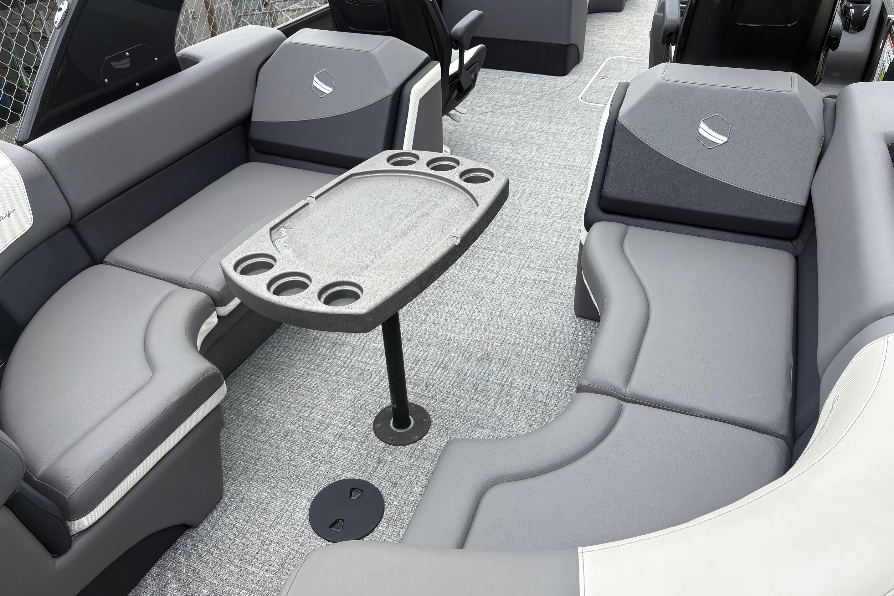 Luxurious seating area on 2023 South Bay 525 RS 3.0 Arch pontoon boat.