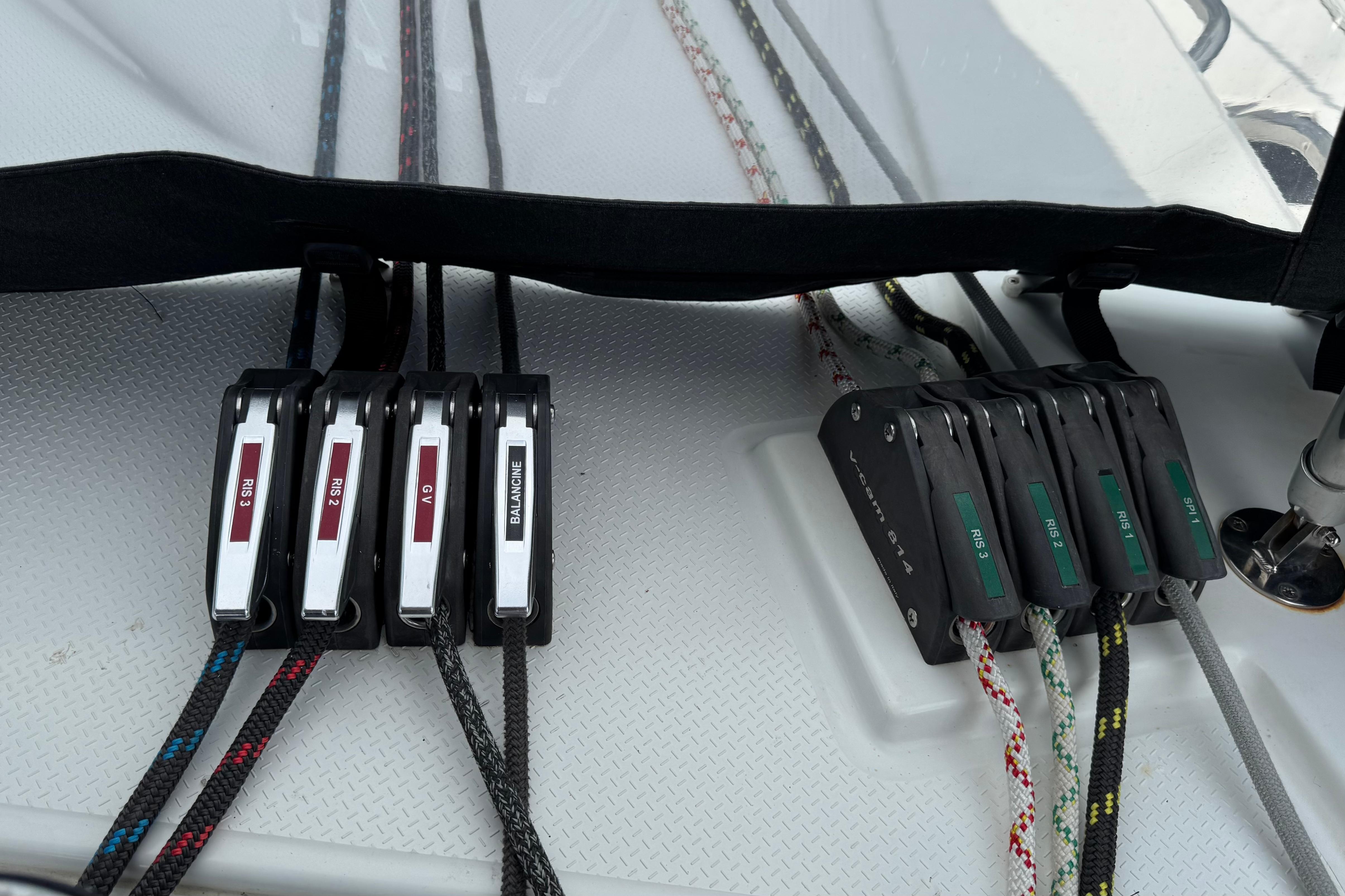 Rope clutches on a 2020 Fountaine Pajot Saona 47 catamaran deck.