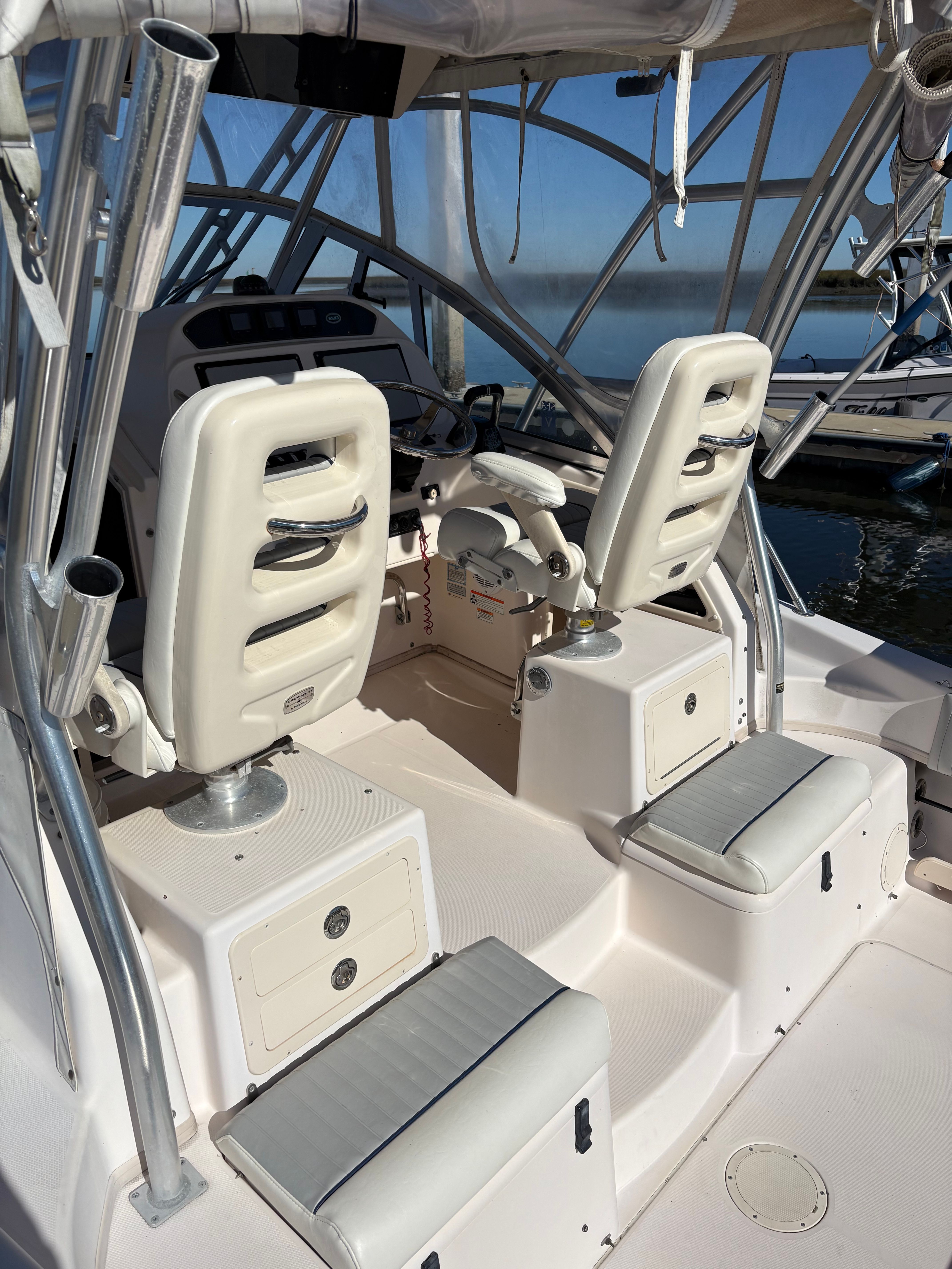 Interior of a 2009 Grady-White Chesapeake 290 boat with helm station.