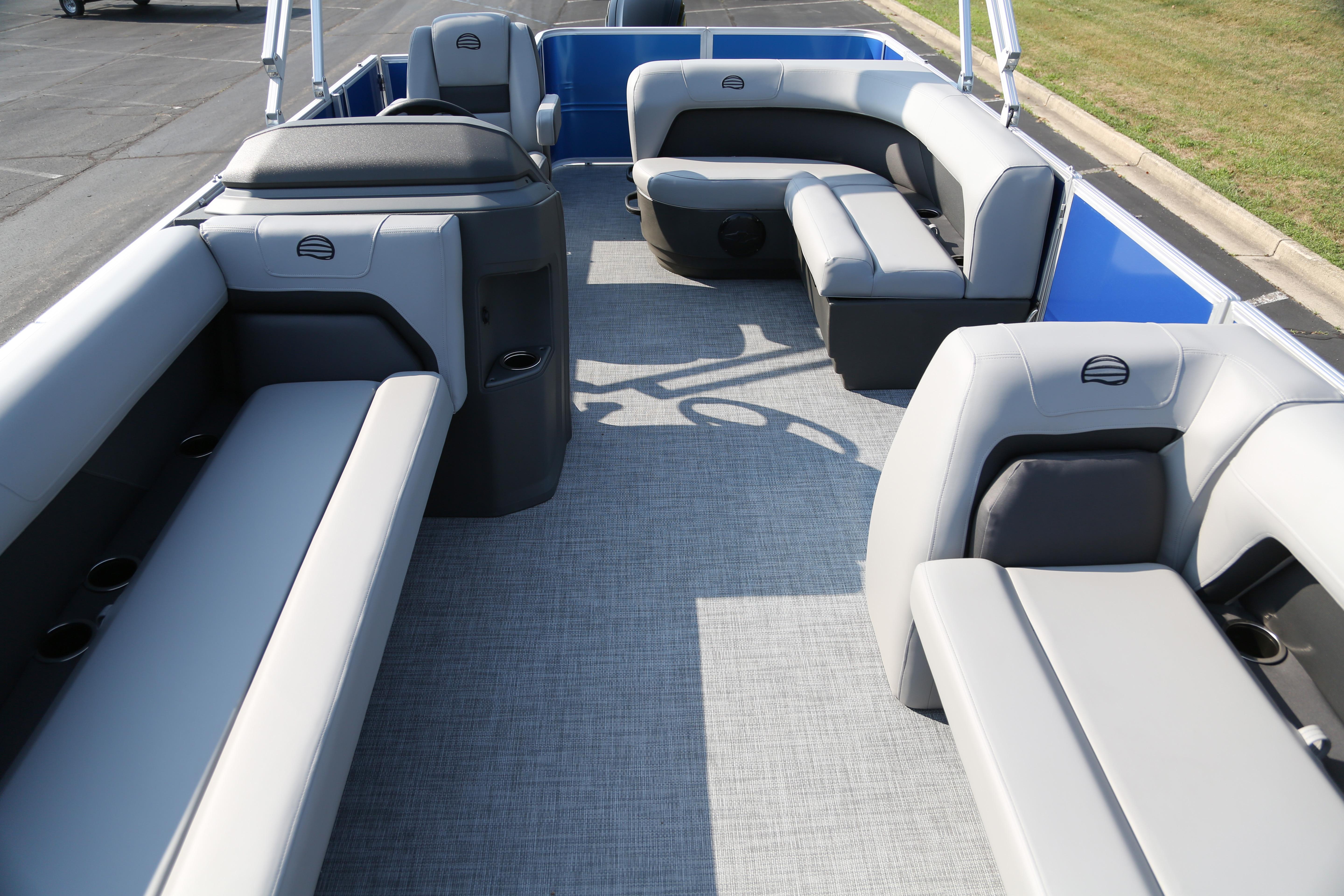 2026 Sun Tracker Party Barge 18 DLX interior with spacious seating and modern design.