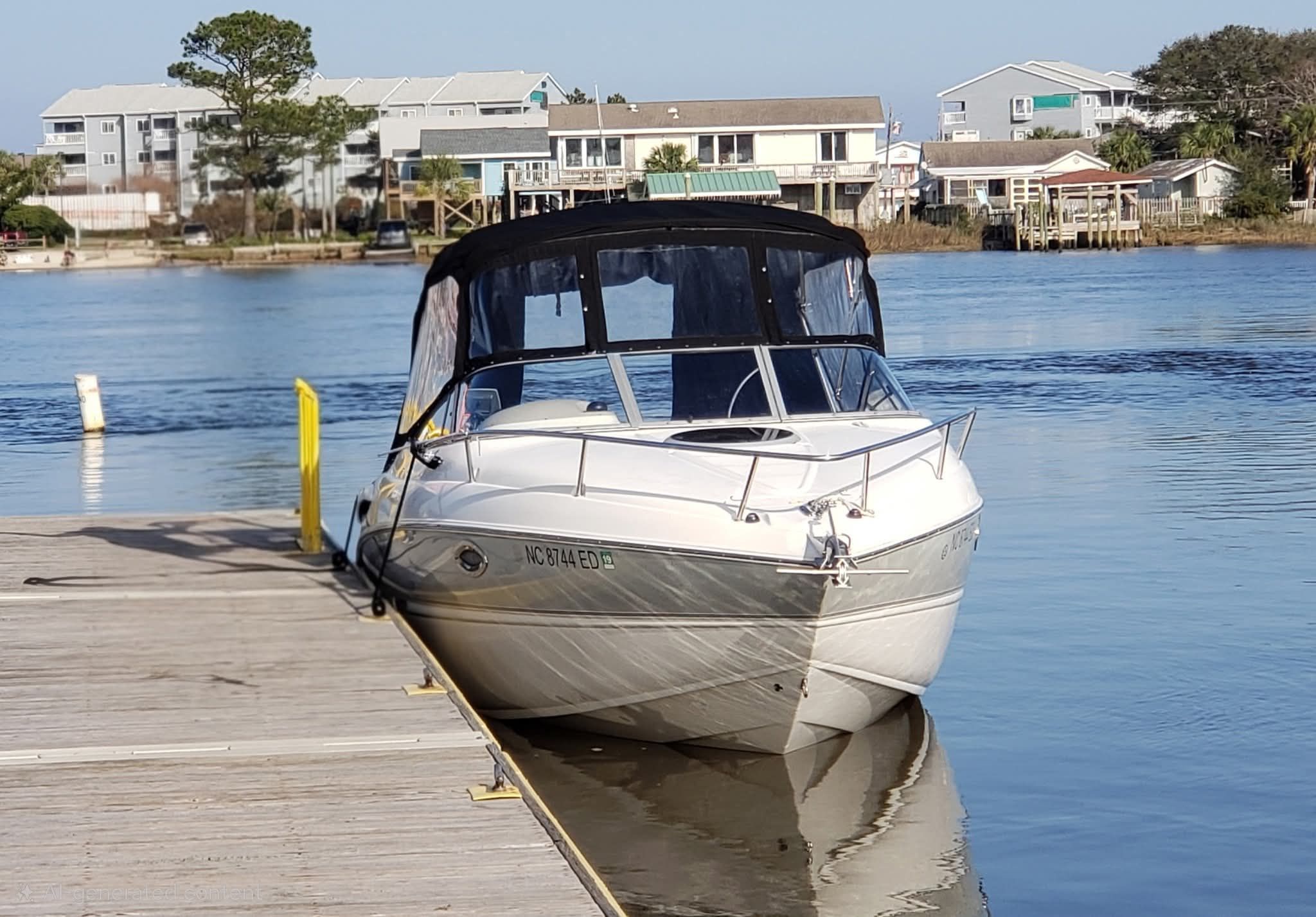 A white boat docked with a black canopy, calm water, and buildings in the background.