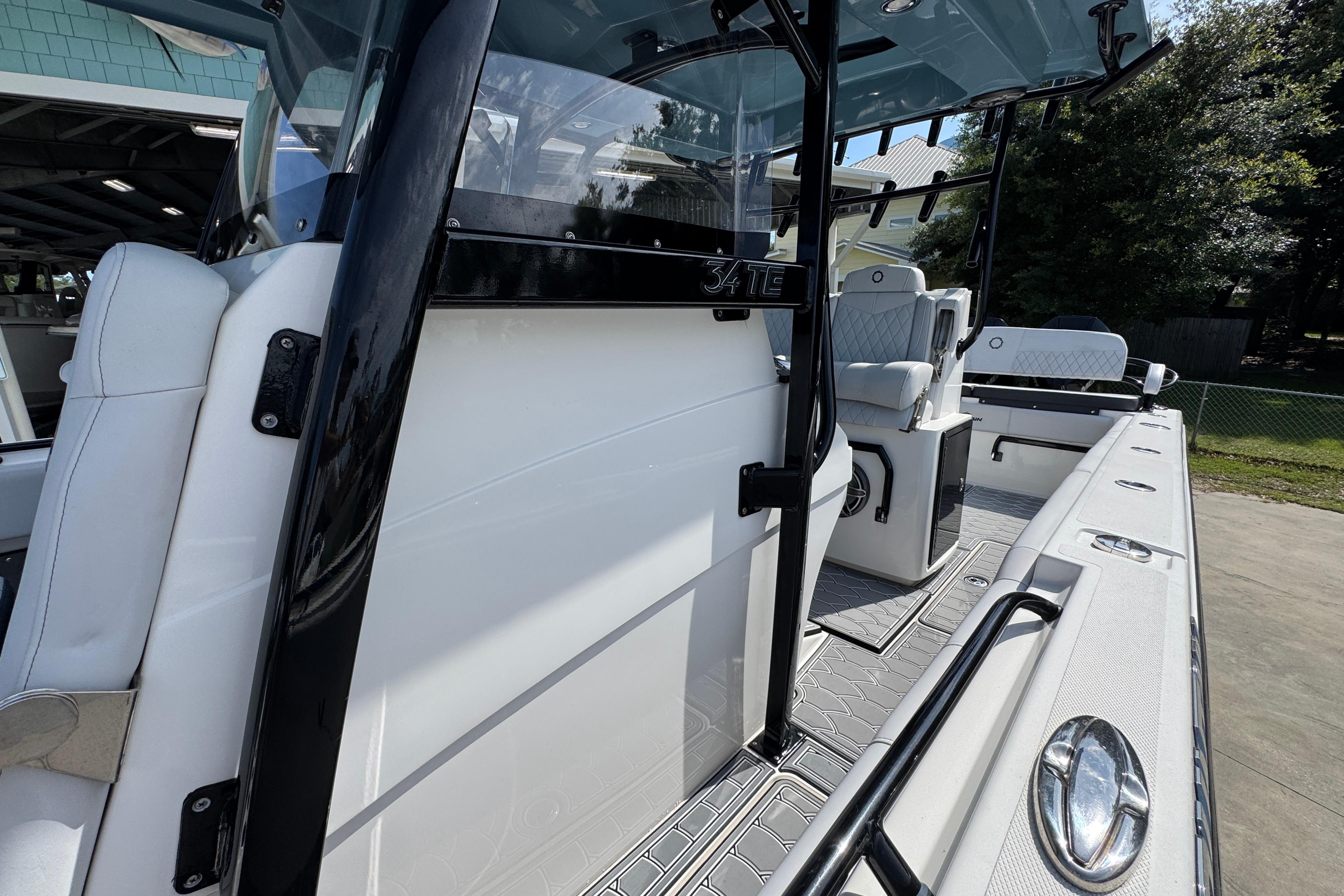 2023 Fountain 34 Tournament Edition boat interior with seating and console details.