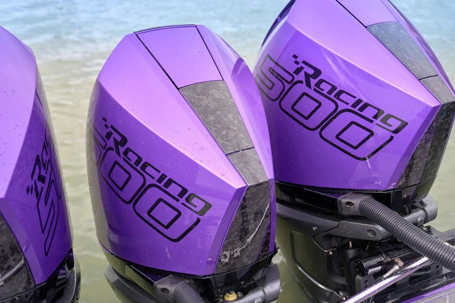 Manufacturer Provided Image: Purple Racing 500 outboard motors on Statement 380 Open, 2026 model, near water.