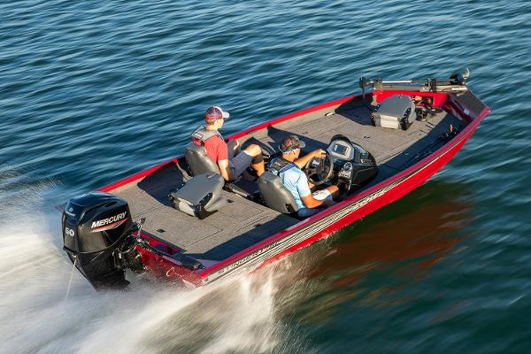 Manufacturer Provided Image: 2021 Lowe Stinger 175C boat cruising on water with two passengers.
