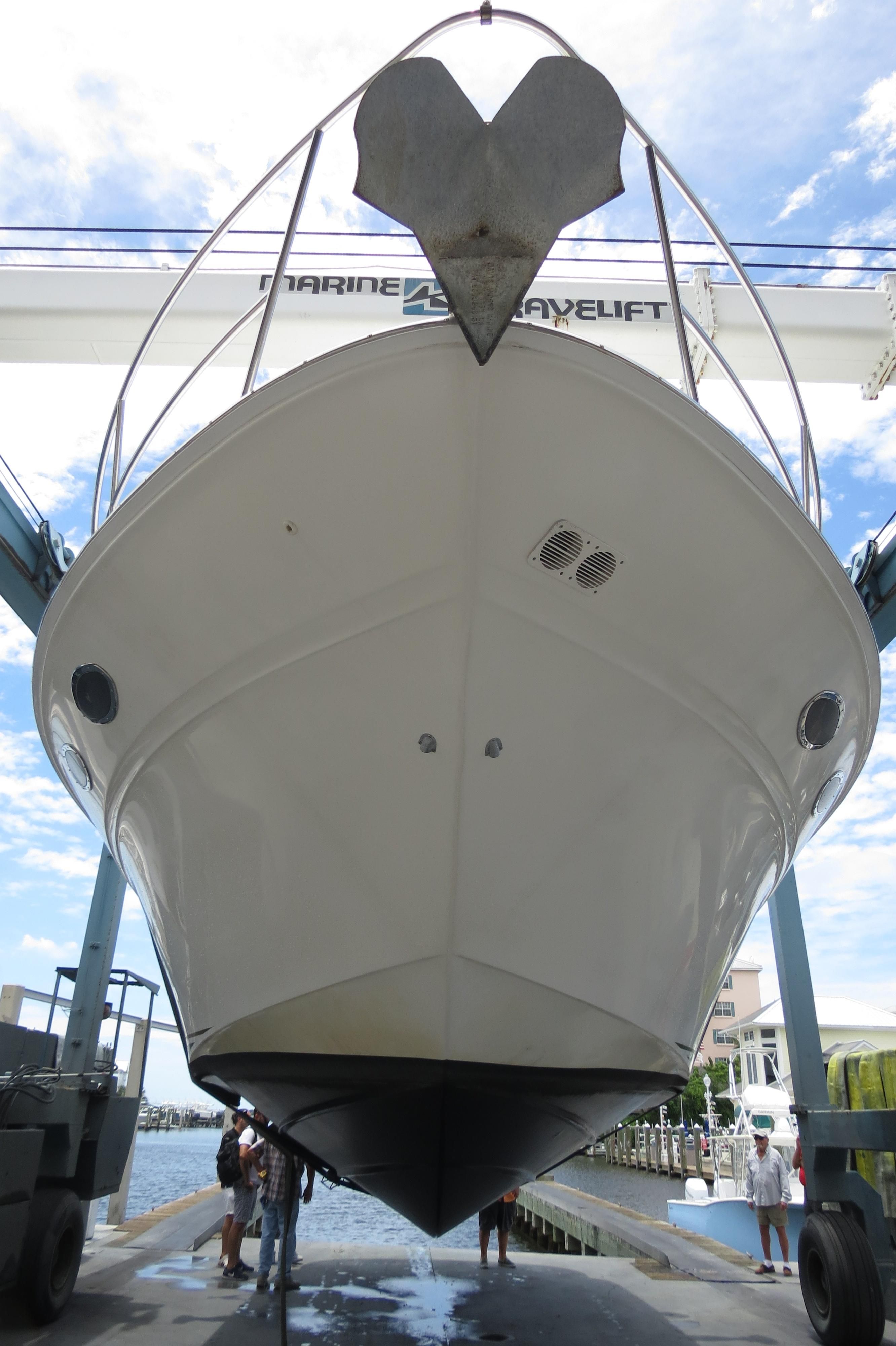 2002 Sea Ray 410 Express Cruiser in dry dock.