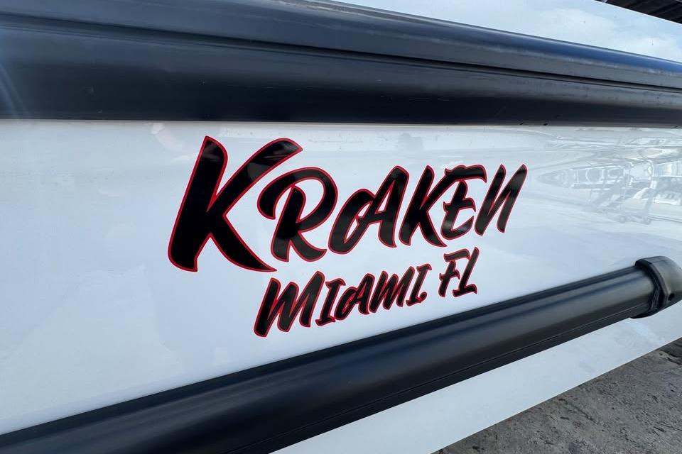 BRABUS Shadow 900 ST 2023 boat with 'Kraken Miami FL' decal on the side.