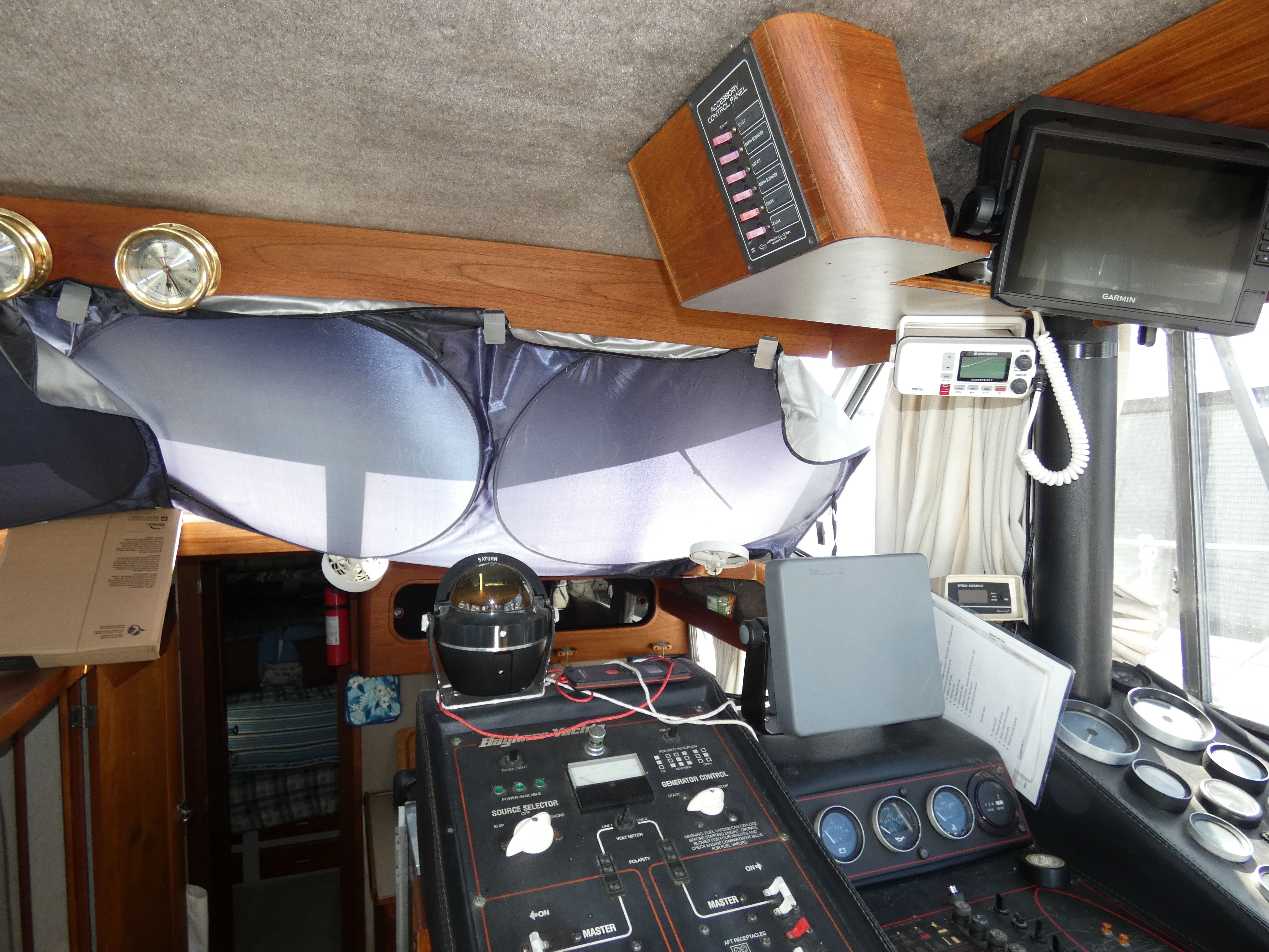 Interior view of 1984 Bayliner 3870 Motoryacht helm with instruments.