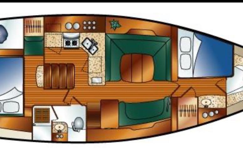 Floor plan of a 2007 Hunter 41 Deck Salon sailboat interior layout.