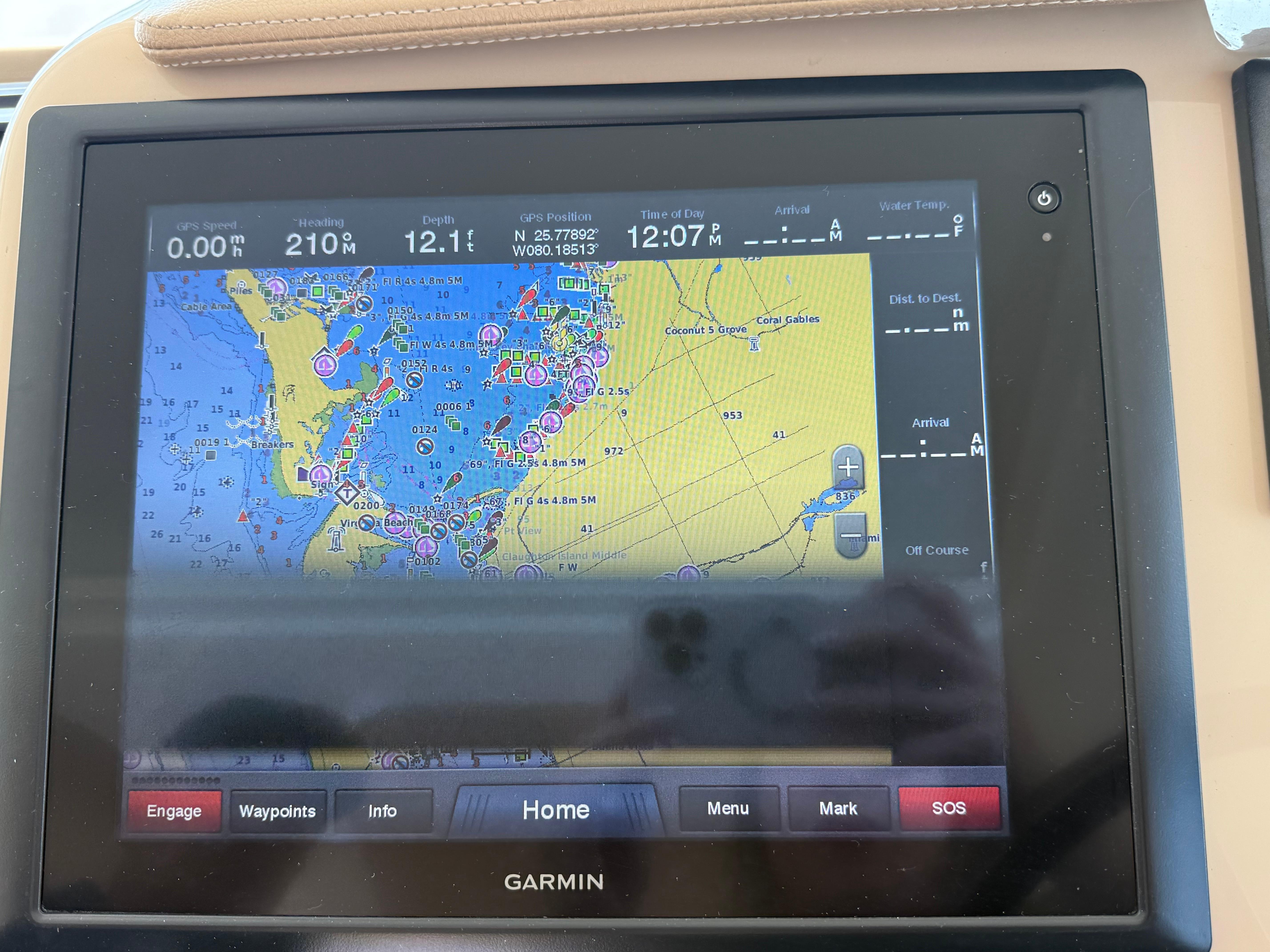 Garmin navigation display on 2014 Tiara Yachts 4500 Sovran, showing detailed marine chart.