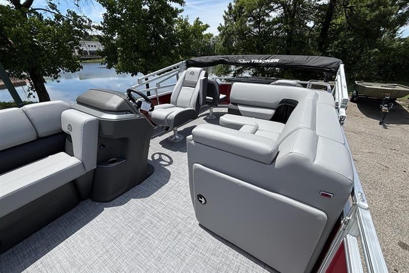 2026 Sun Tracker SportFish 20 DLX pontoon boat with spacious seating and modern design.