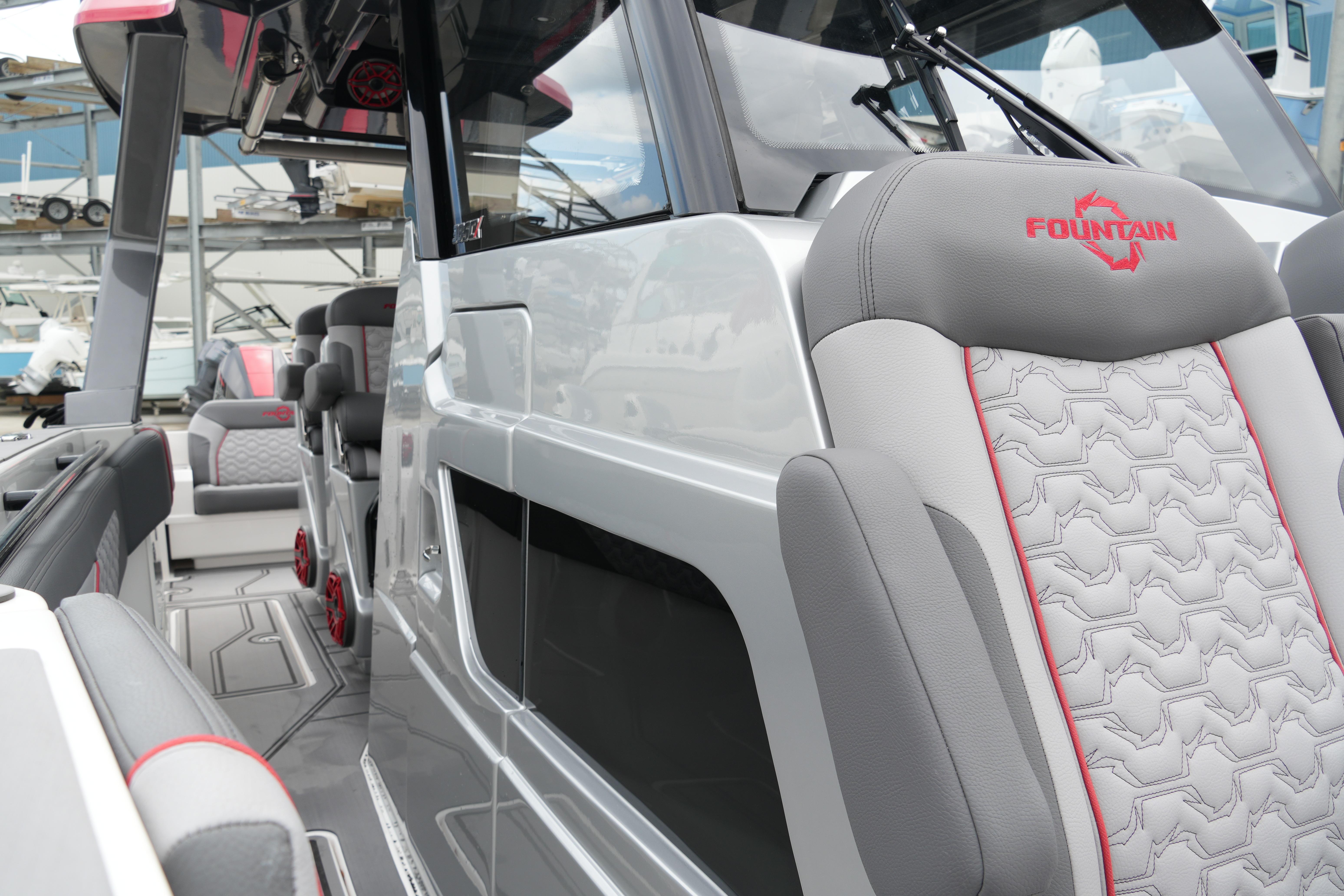 2025 Fountain 38 SCX boat interior with modern seating and sleek design.