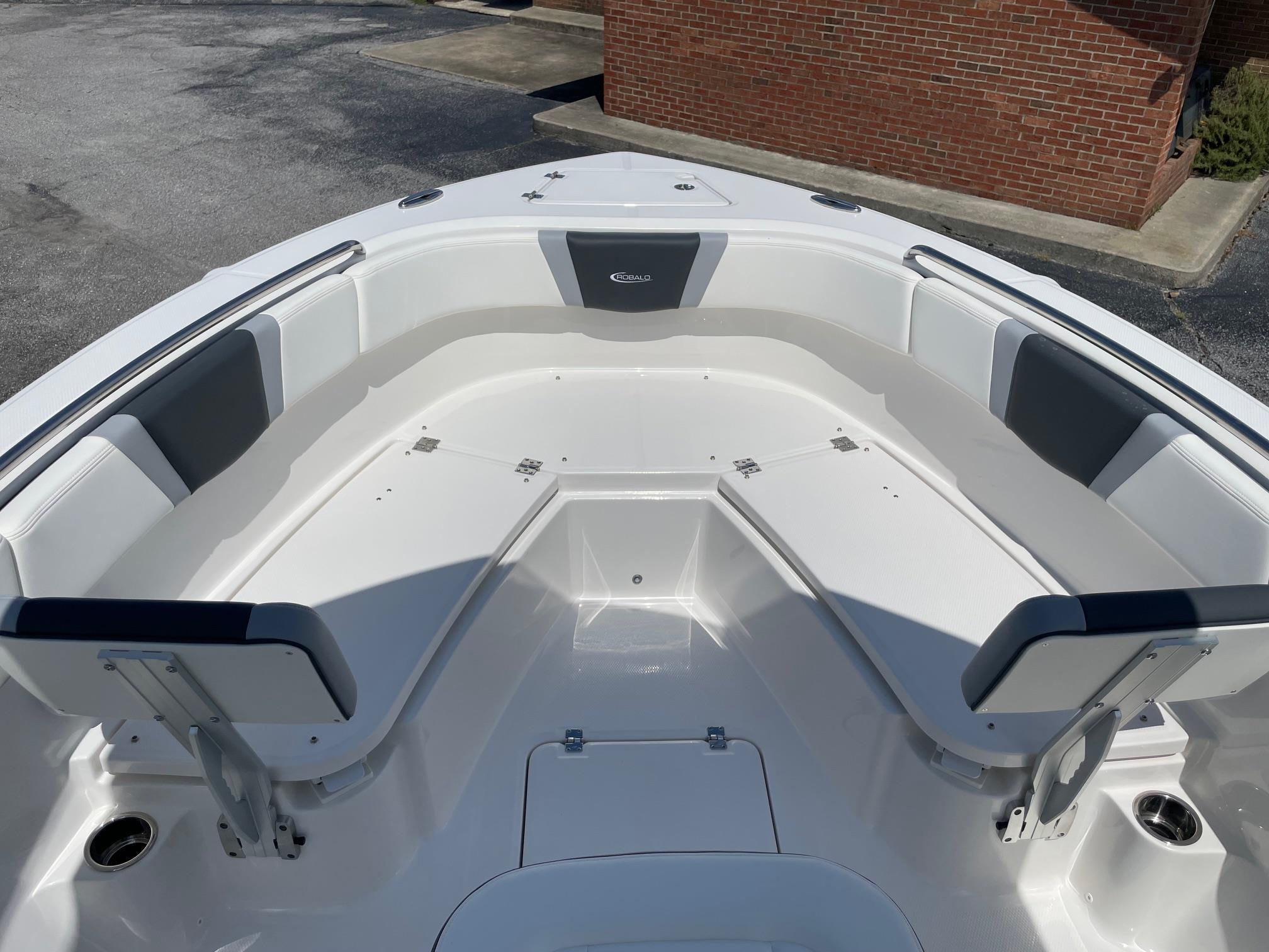 2025 Robalo R230 Center Console boat interior with spacious seating and sleek design.