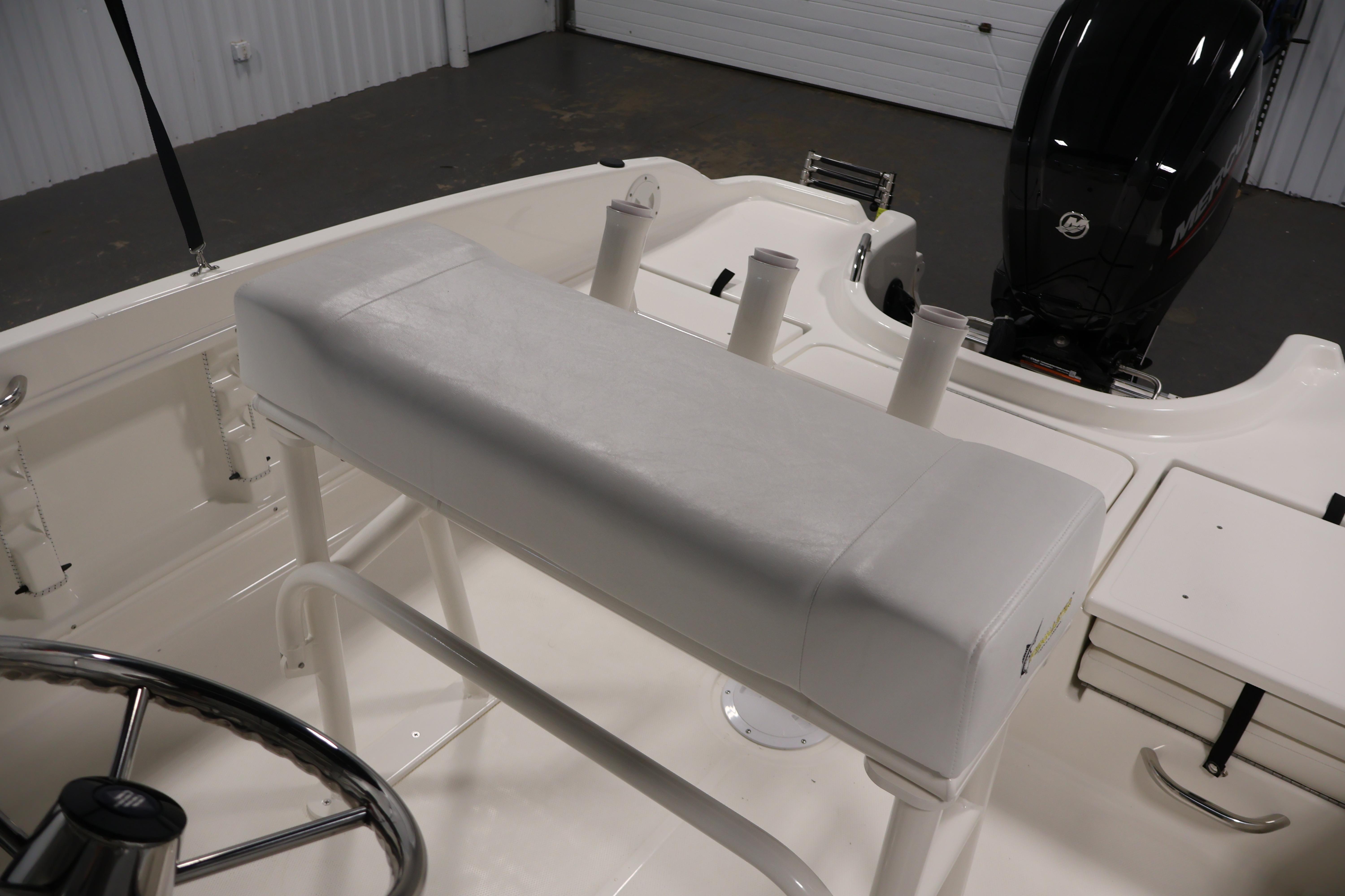 2026 Bayliner Trophy T18 boat interior with seating and steering wheel.