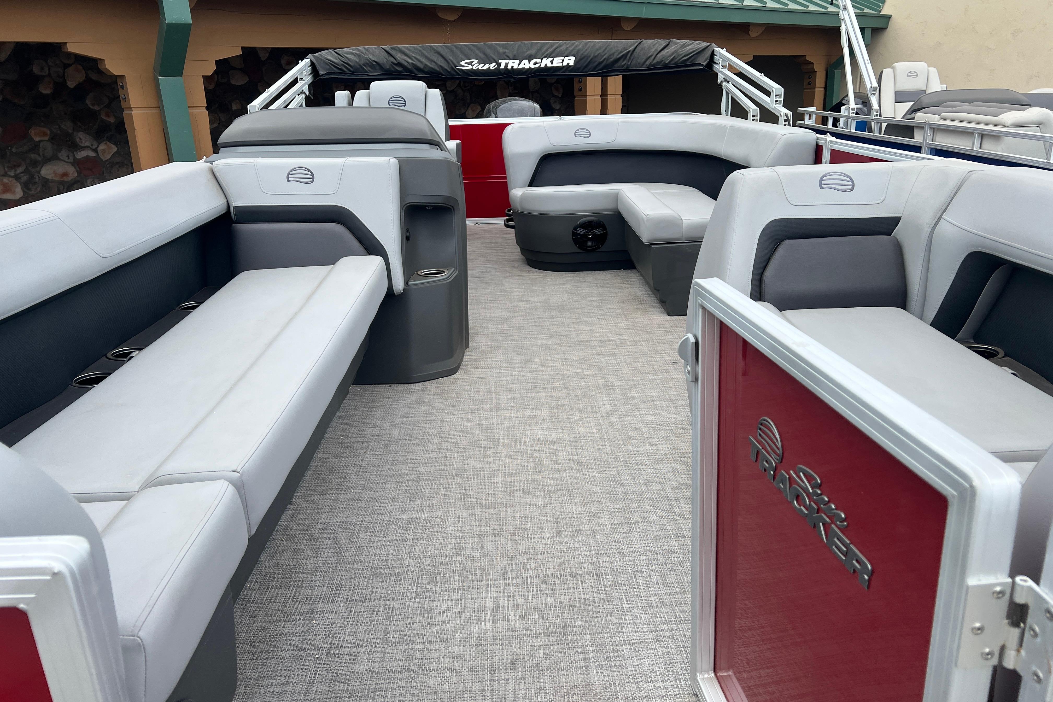2026 Sun Tracker Party Barge 18 DLX interior with spacious seating and modern design.