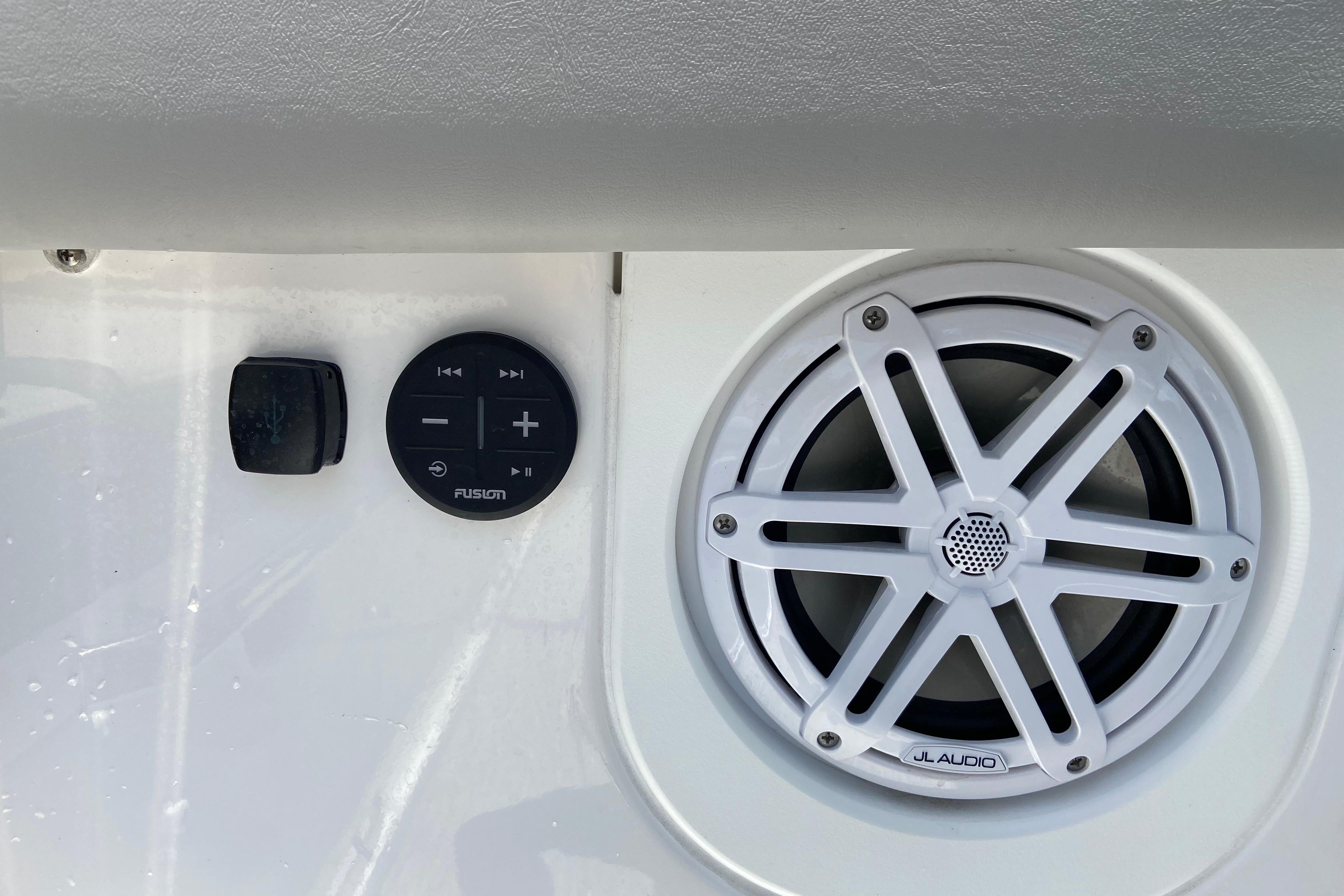2026 Monterey Elite 30 OB boat audio controls and JL Audio speaker.