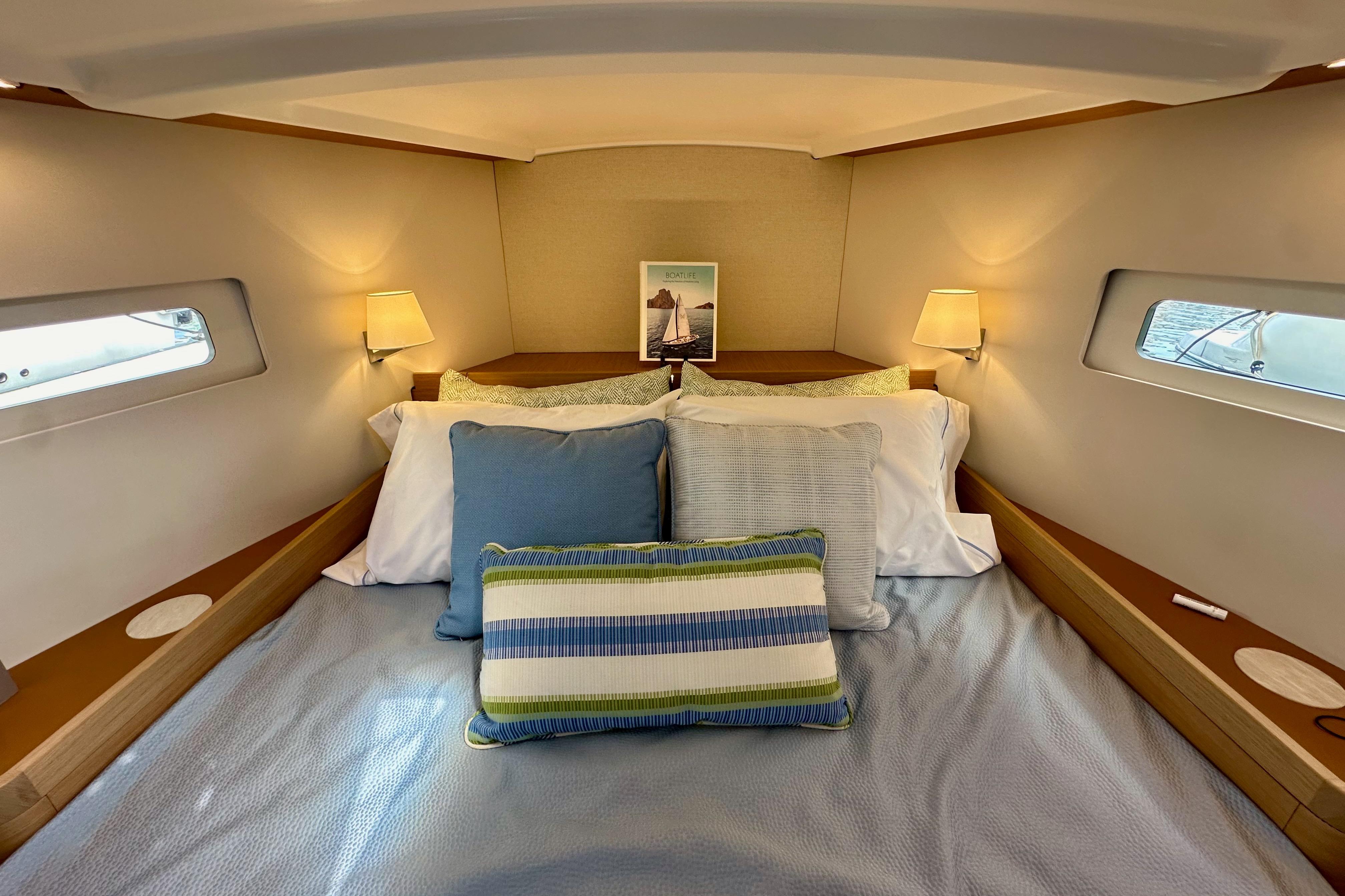 Luxurious cabin interior of 2024 Jeanneau Sun Odyssey 410 sailboat.