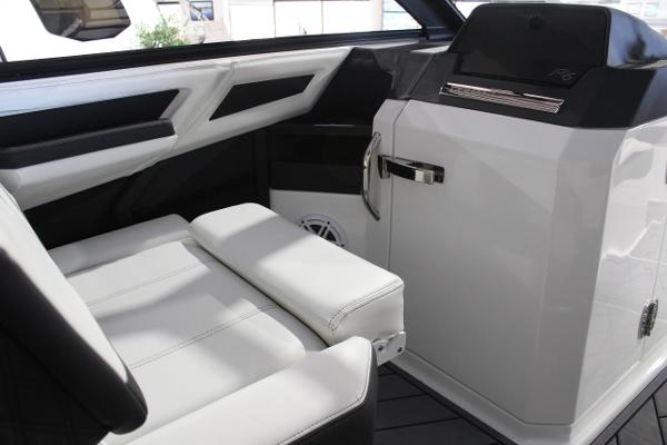 Interior of 2025 Cobalt R6 boat with sleek white seating and modern design.