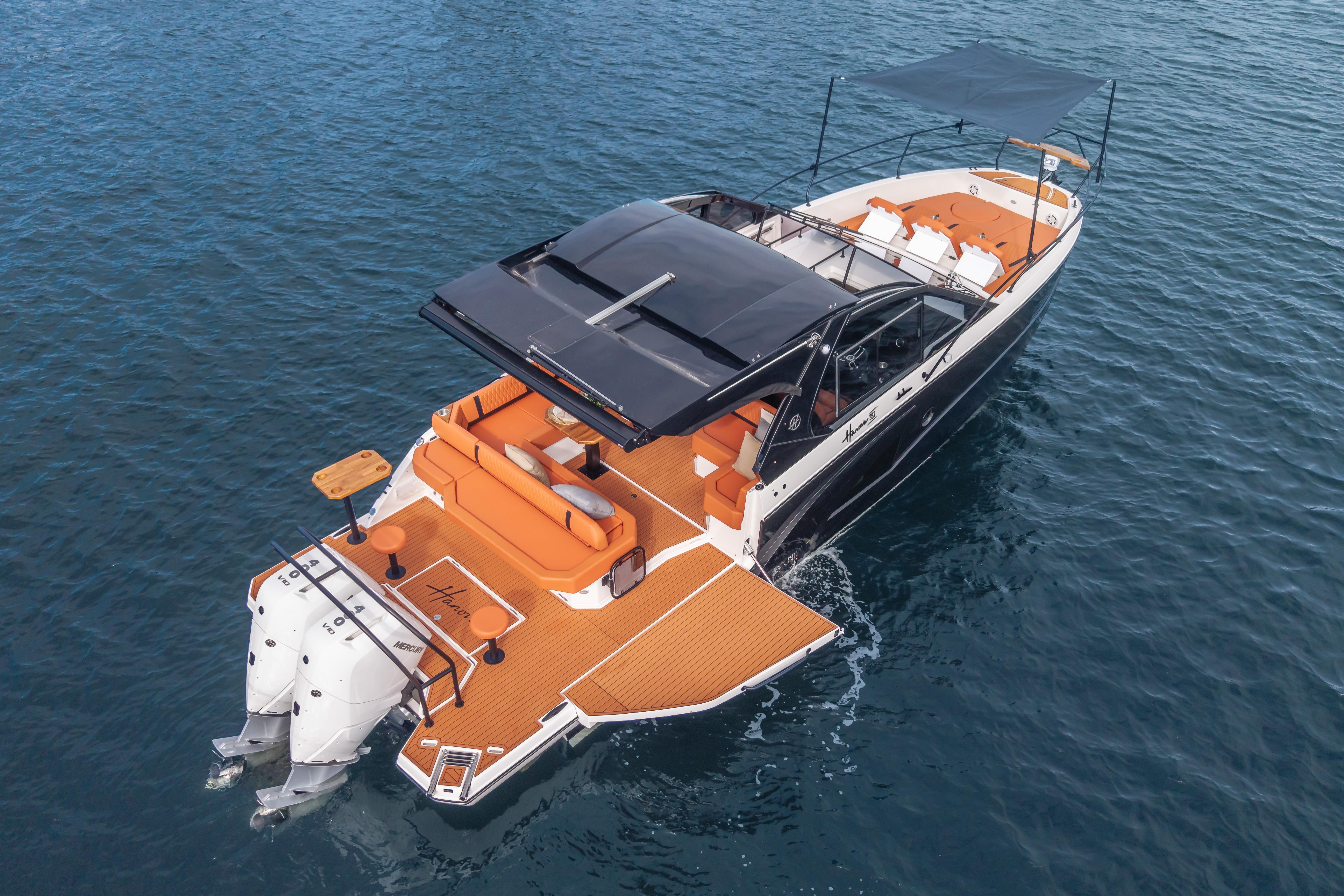Luxury 2026 Hanover 387 yacht with sleek design and spacious deck on open water.