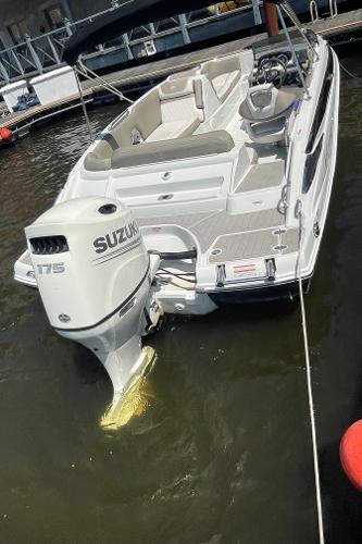 2020 Crownline E 205 XS boat with Suzuki 175 engine docked in marina.