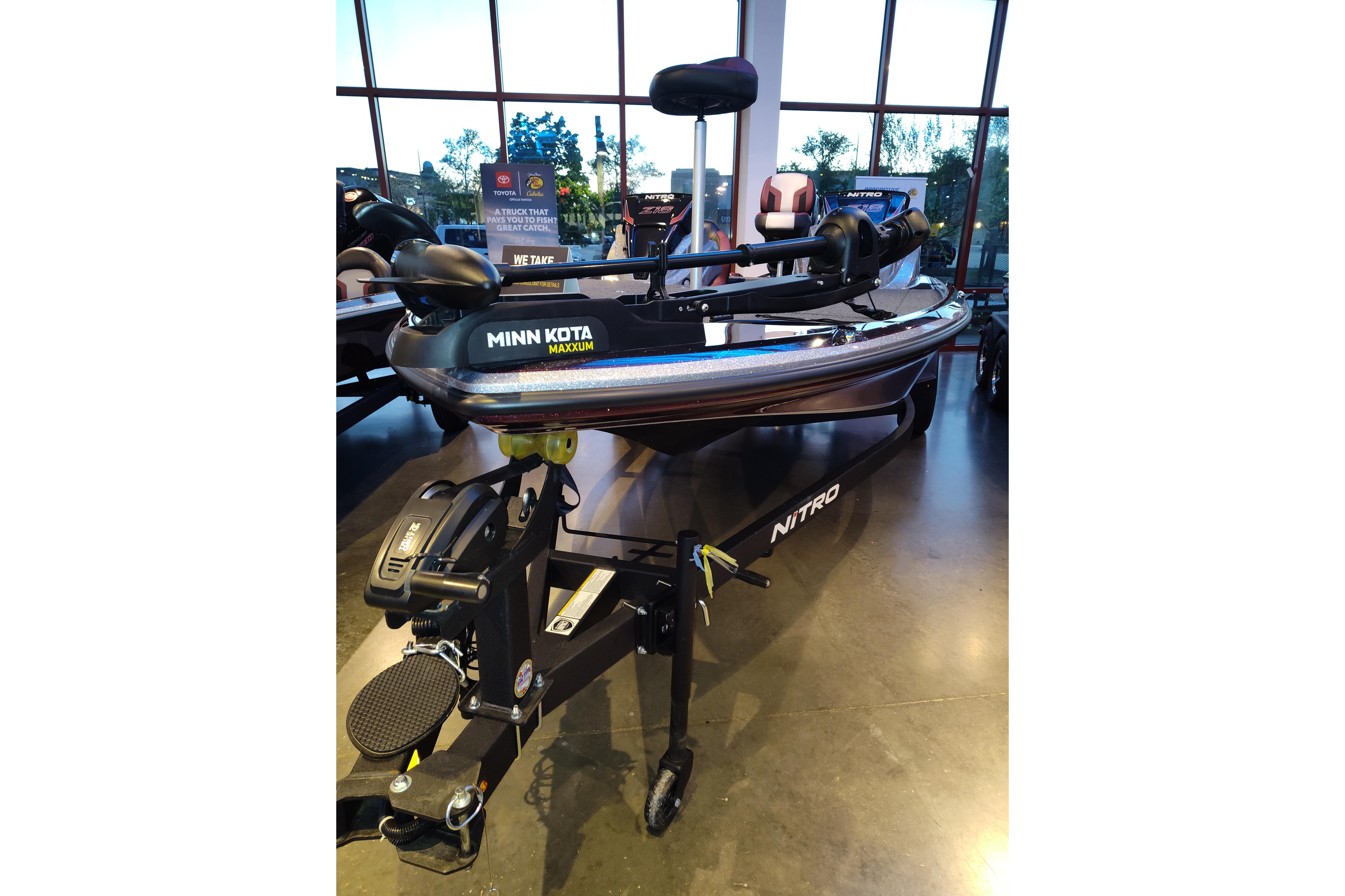 2026 Nitro Z18 boat with Minn Kota Maxxum motor displayed indoors.