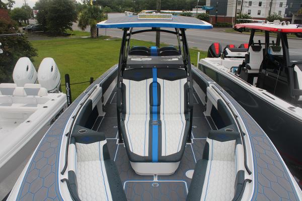 2024 Fountain 34 SC boat with sleek design and modern seating arrangement.
