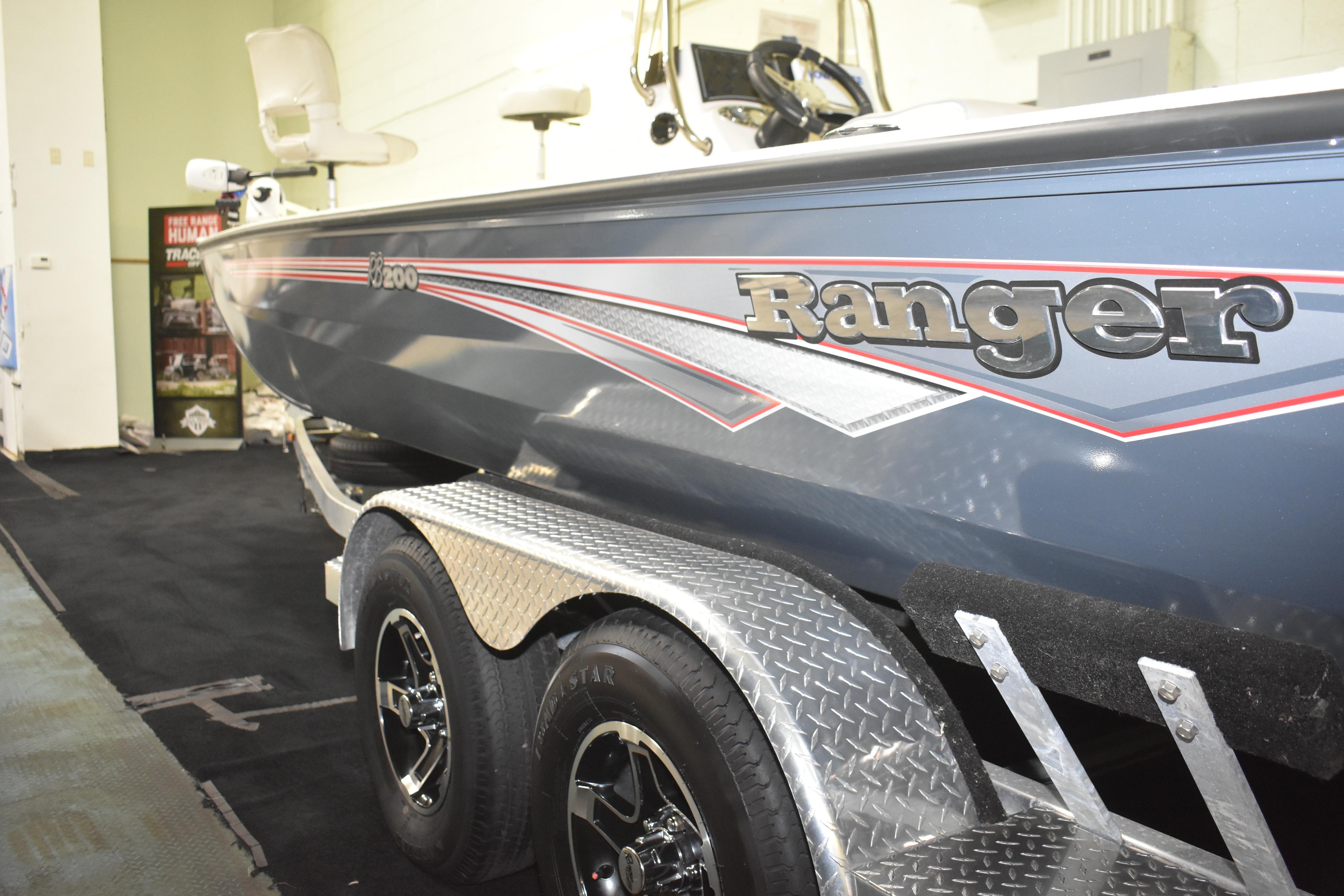 2024 Ranger RB200 boat on trailer, showcasing sleek design and branding.