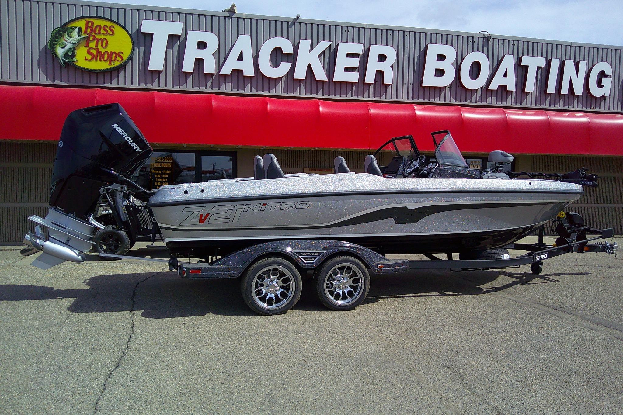 2026 Nitro ZV21 Pro boat on trailer at Tracker Boating store.
