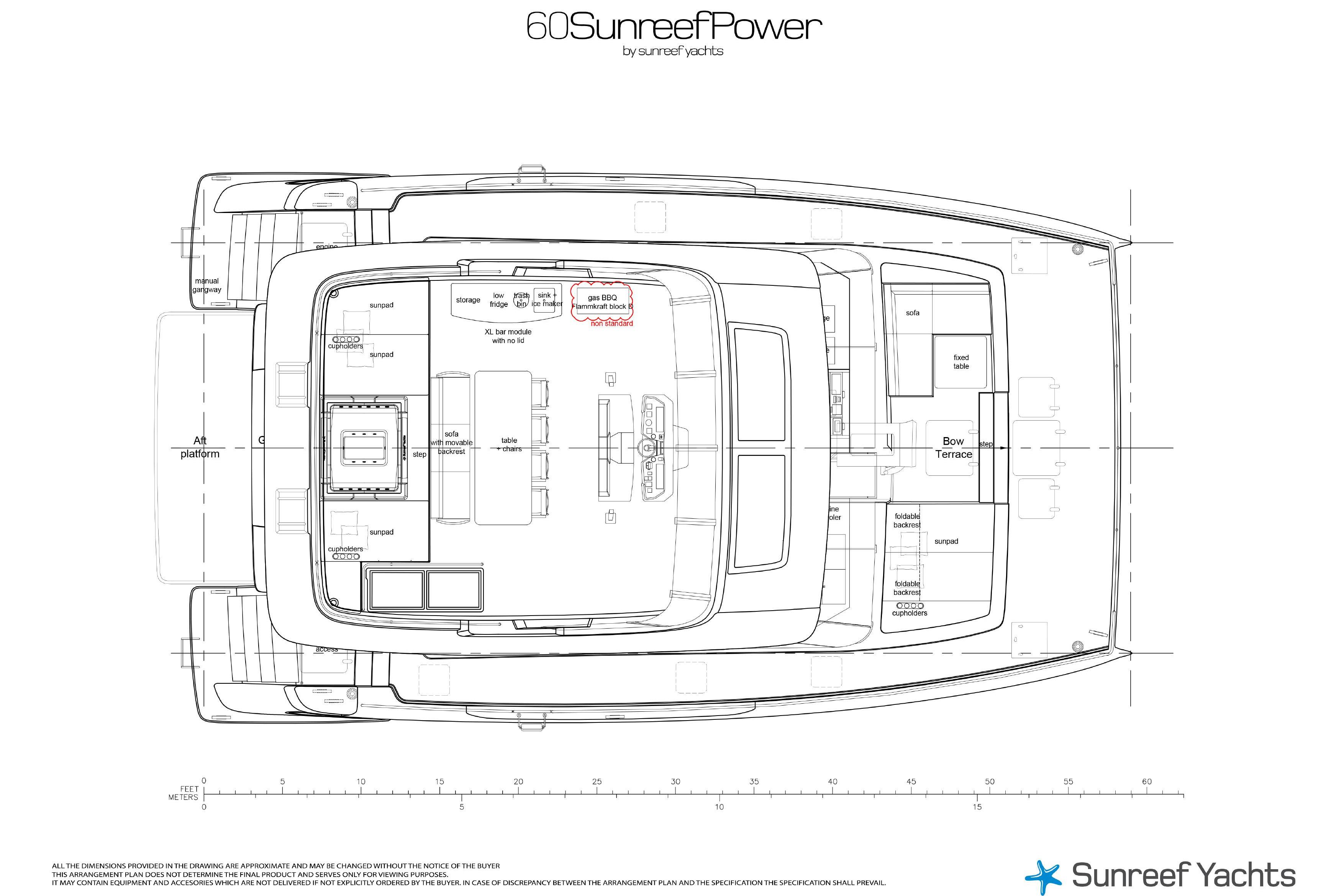 Blueprint of 2026 Sunreef 60 Power yacht, showcasing layout and design features.