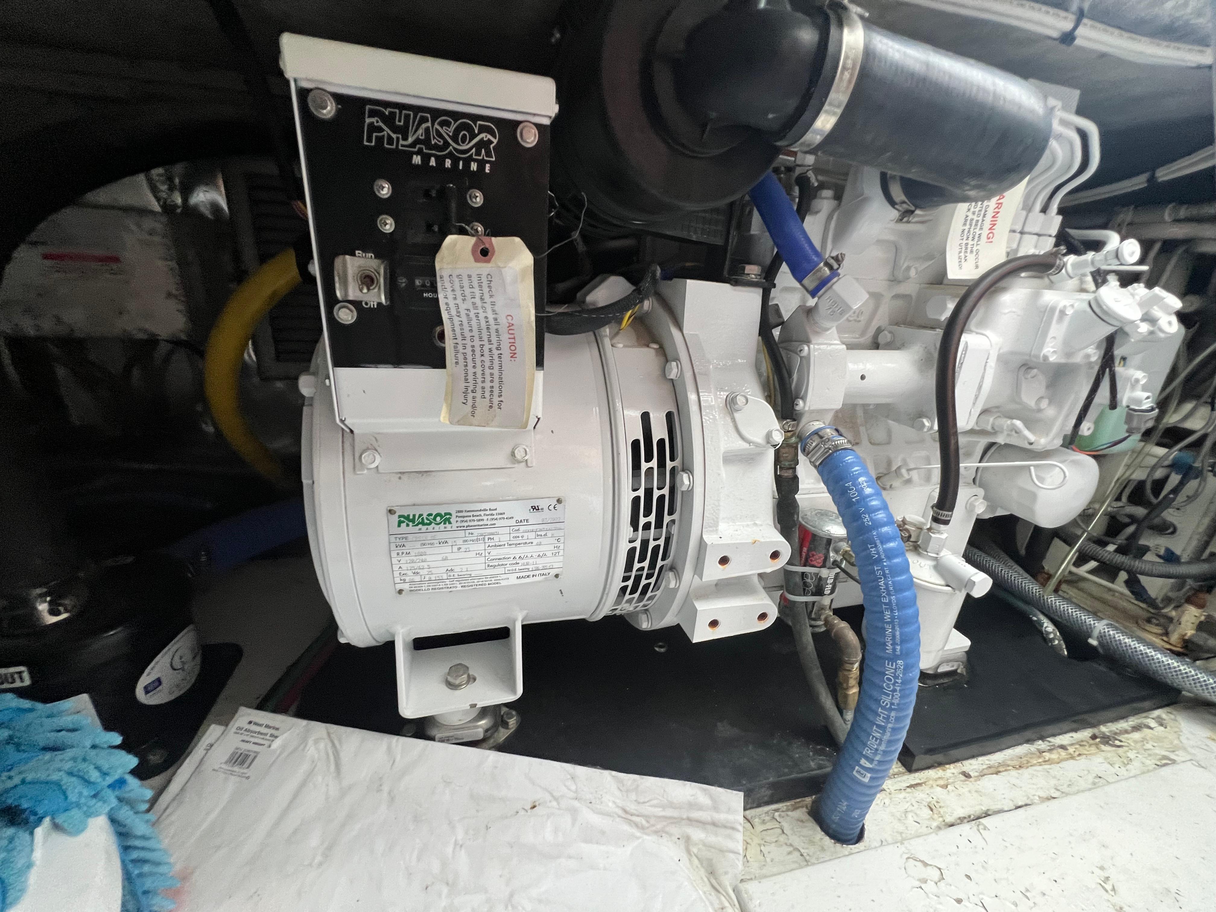 Phasor marine generator in 2001 Ocean 52 Convertible engine room.