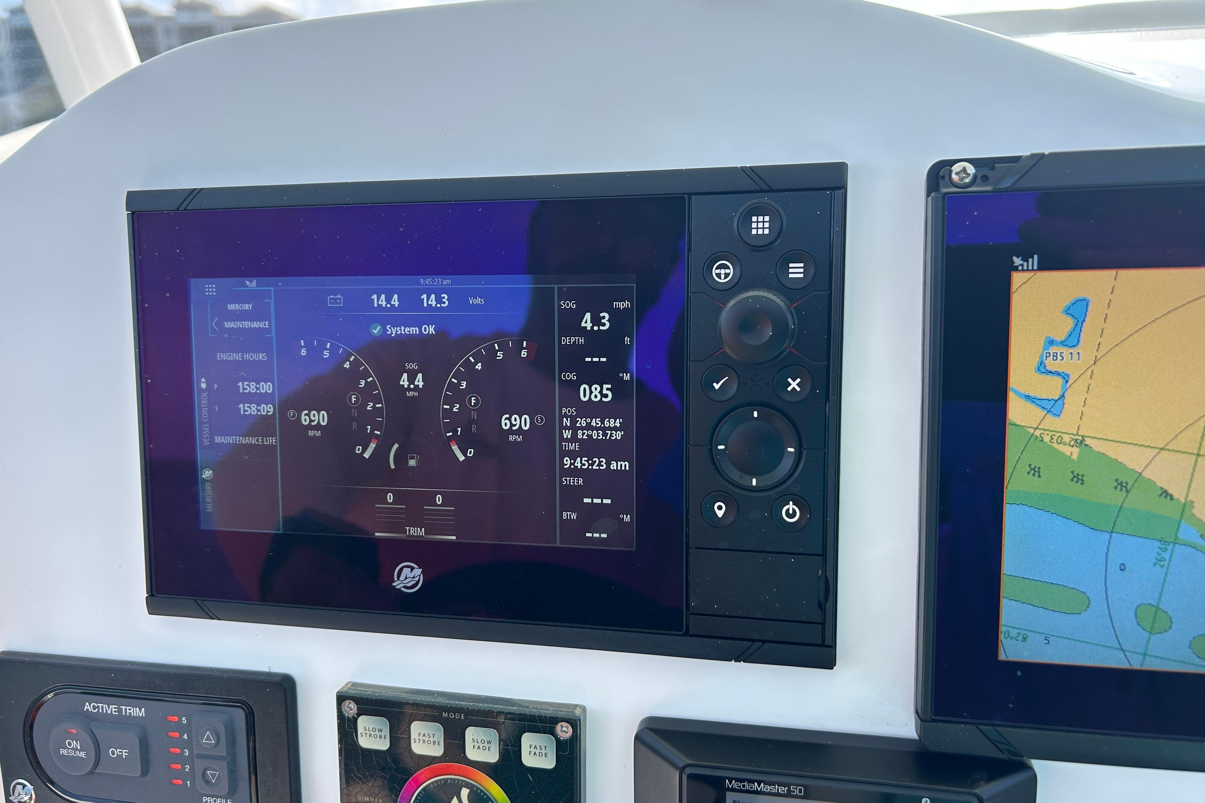 Dashboard of 2021 Glasstream 280 Pro-XS showing navigation and engine data.