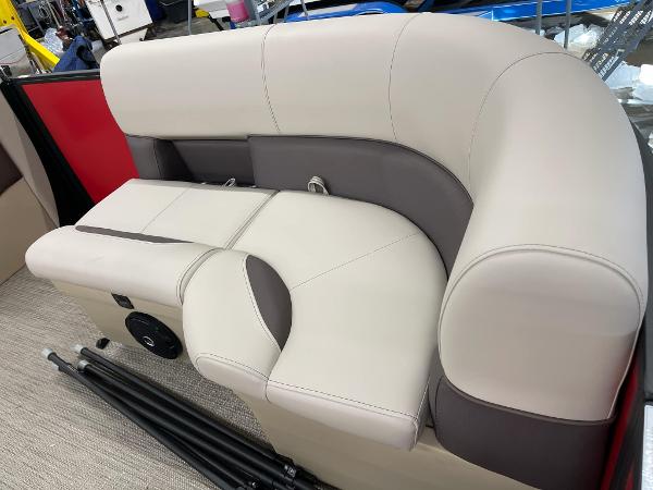 2025 Bentley Pontoons 200 Fish-N-Cruise boat seating, beige and brown upholstery, luxurious design.