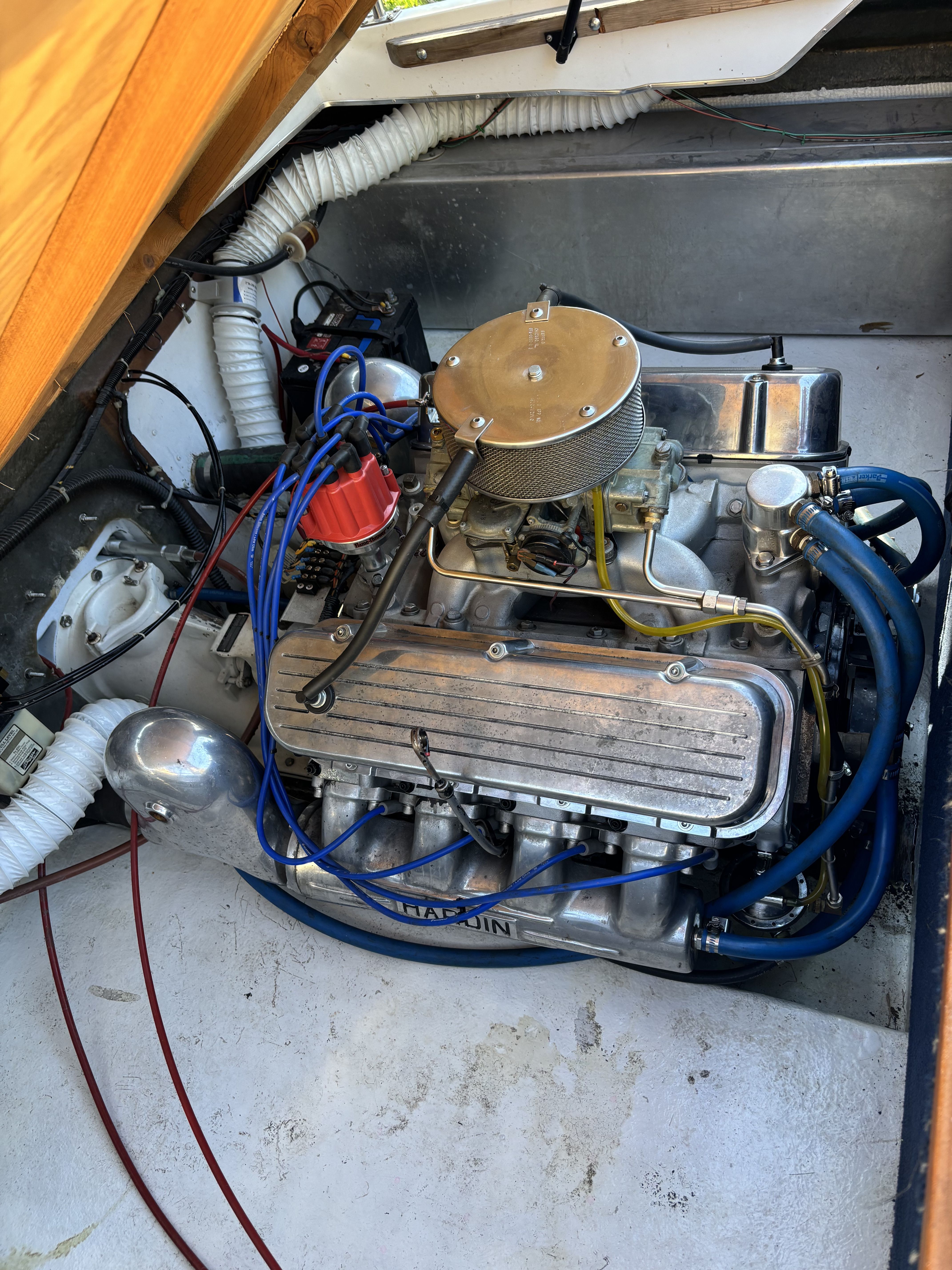 An engine compartment with a well-maintained engine, surrounded by hoses and wires.