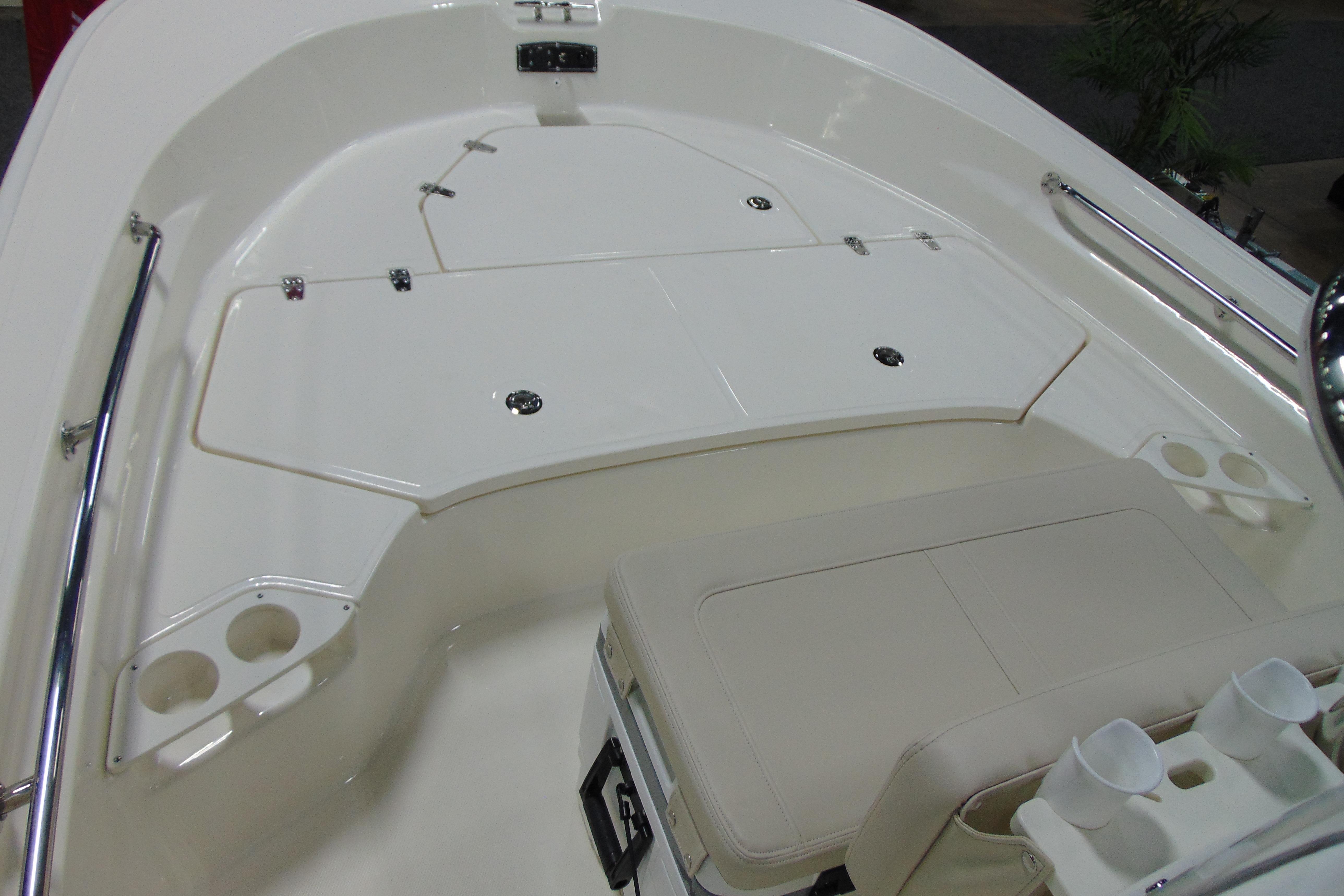 2026 Boston Whaler 190 Montauk boat interior with seating and storage compartments.