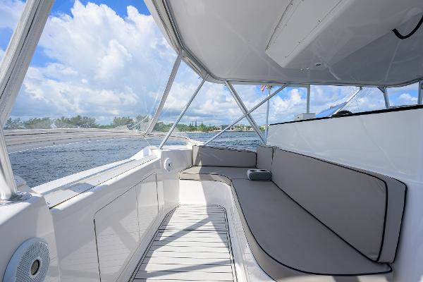 Viking 50 Convertible 2000 yacht interior with sleek seating and ocean view.