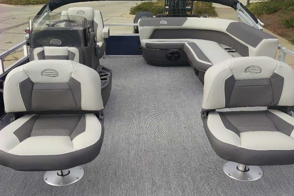 2026 Sun Tracker Bass Buggy 16 XL Select interior with gray and white seating.