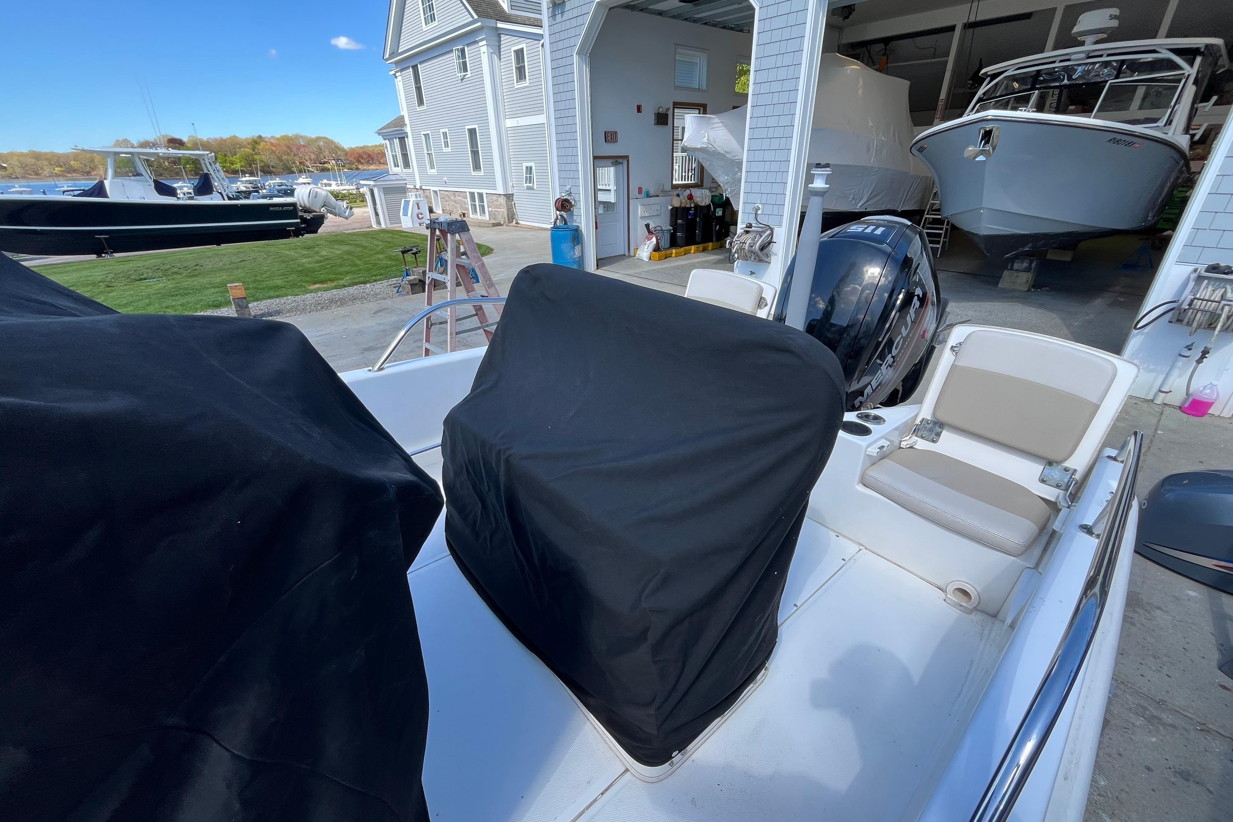 2019 Boston Whaler 170 Dauntless boat in storage, covered and ready for maintenance.