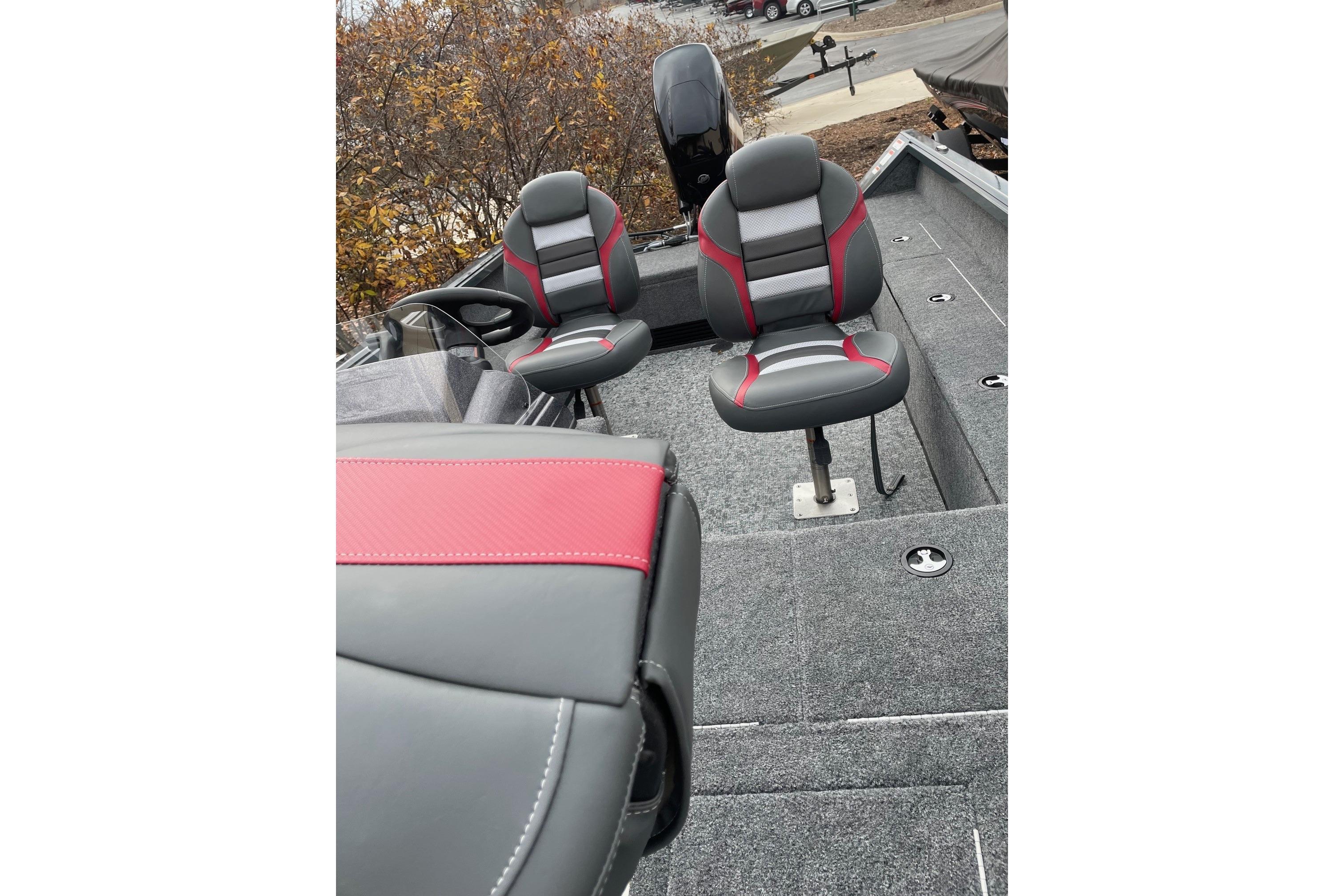 2026 Ranger VS1665SC boat interior with gray and red seating, showcasing modern design.