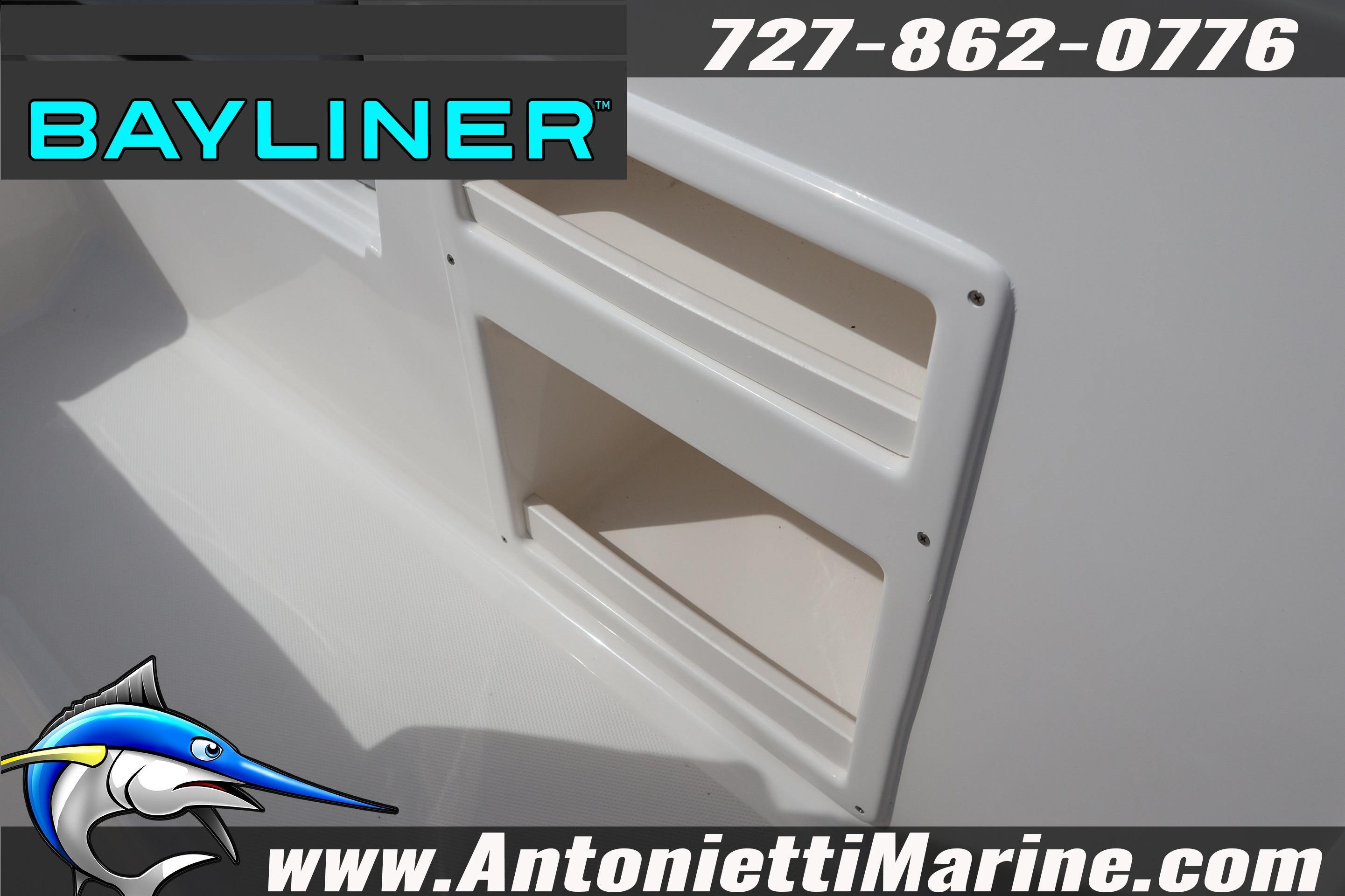 2026 Bayliner Element M17 boat detail with storage compartments, contact info, and logo.