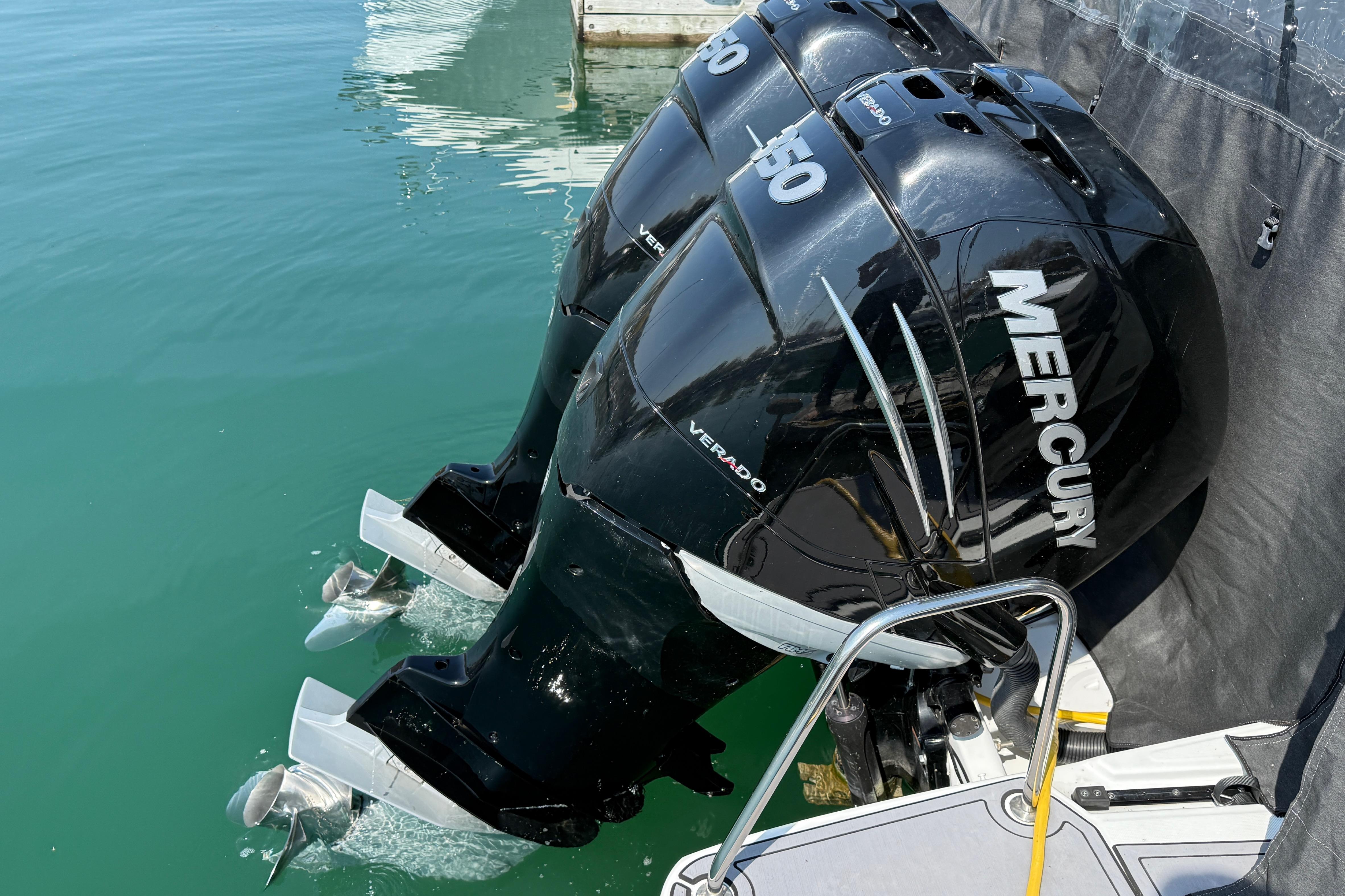 Twin Mercury Verado outboard engines on a 2022 Jeanneau NC 1095 Fly boat.