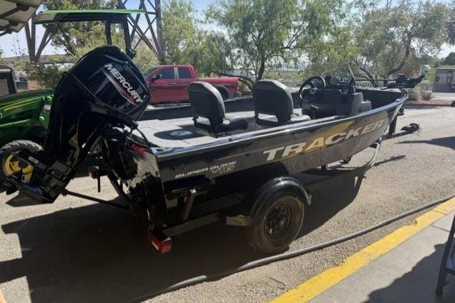 2026 Tracker Super Guide V-16 SC boat with Mercury engine on trailer.