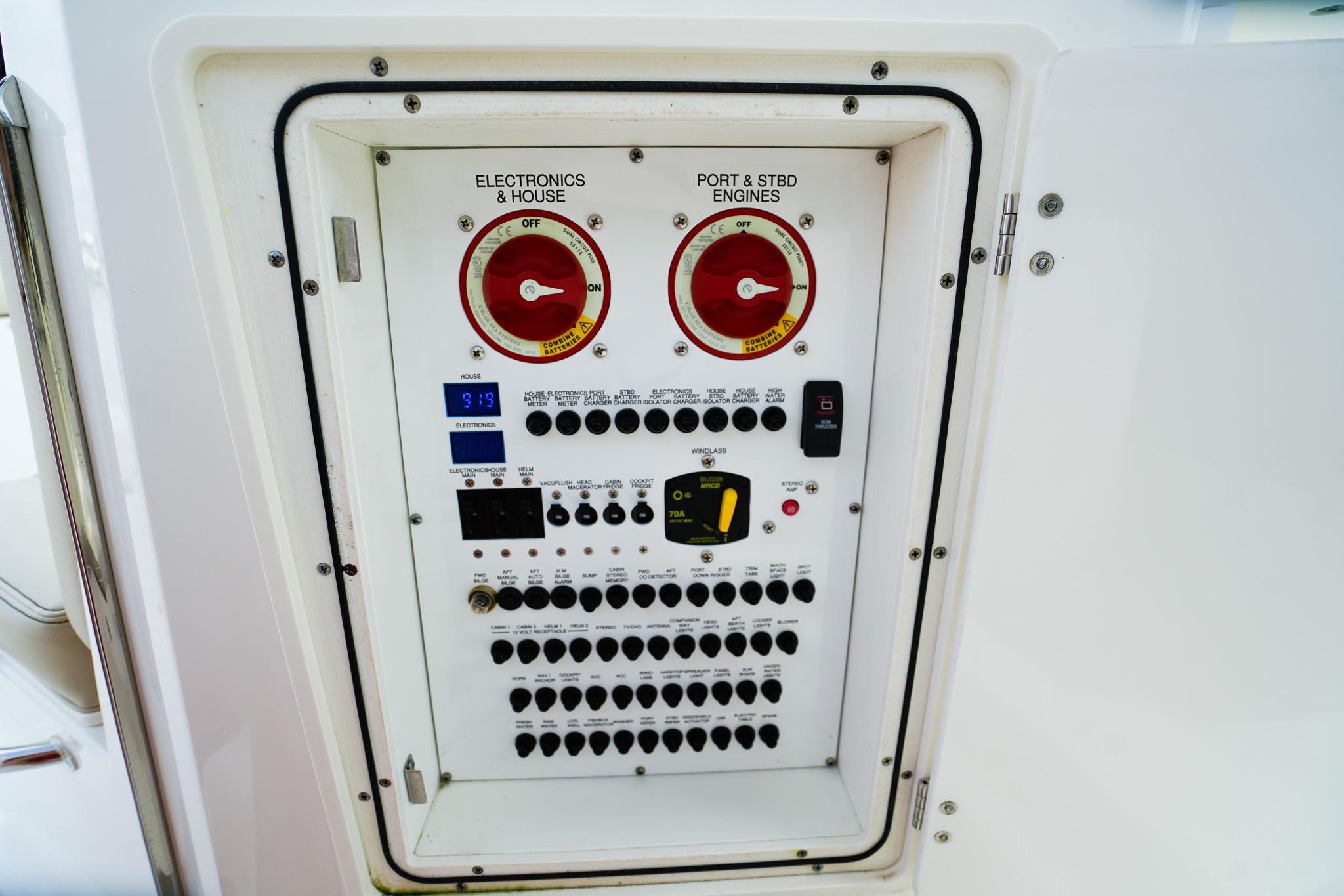 Electrical control panel on a 2020 Pursuit OS 325 Offshore boat.