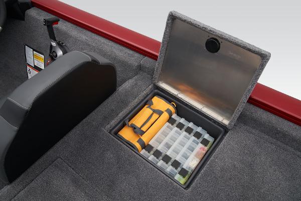 Manufacturer Provided Image: 2025 Tracker Pro Team 195 Tournament Edition storage compartment with tackle box and gear.